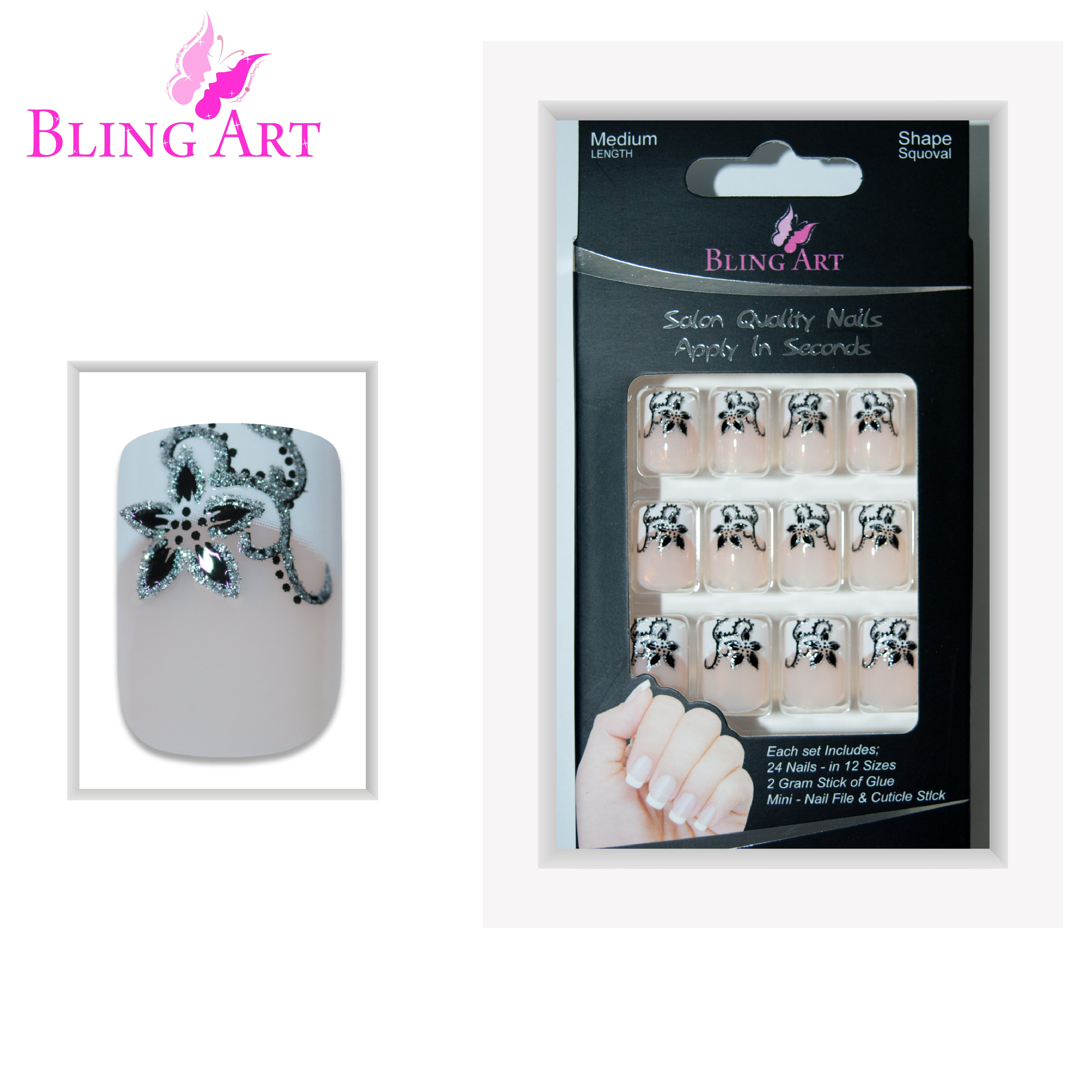 Black White French manicure Bling Art press-on nails — alternative angle revealing the floral French tip definition.