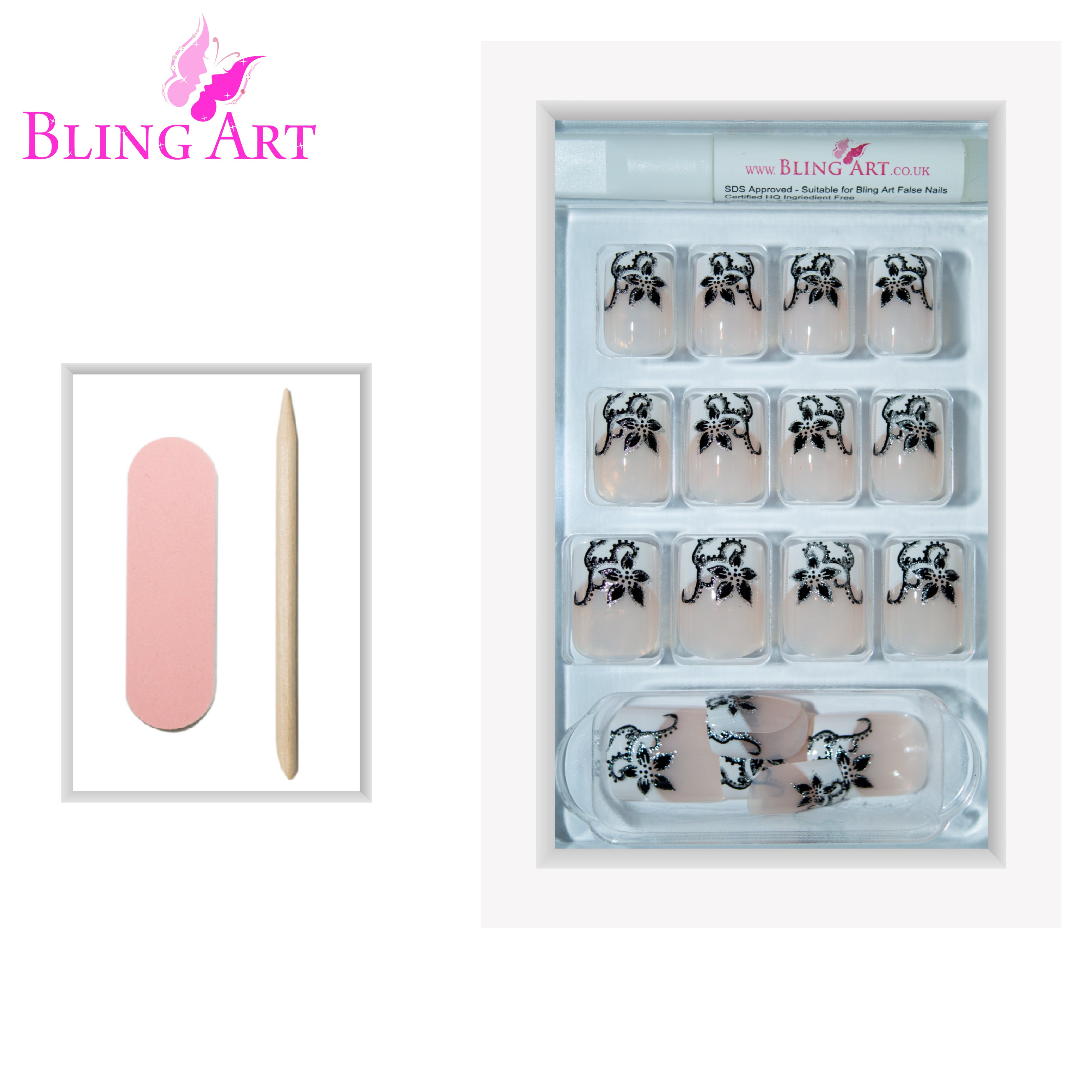Black White French manicure Bling Art press-on nails — full-hand reveal showing all 24 nails for parties and summer events.