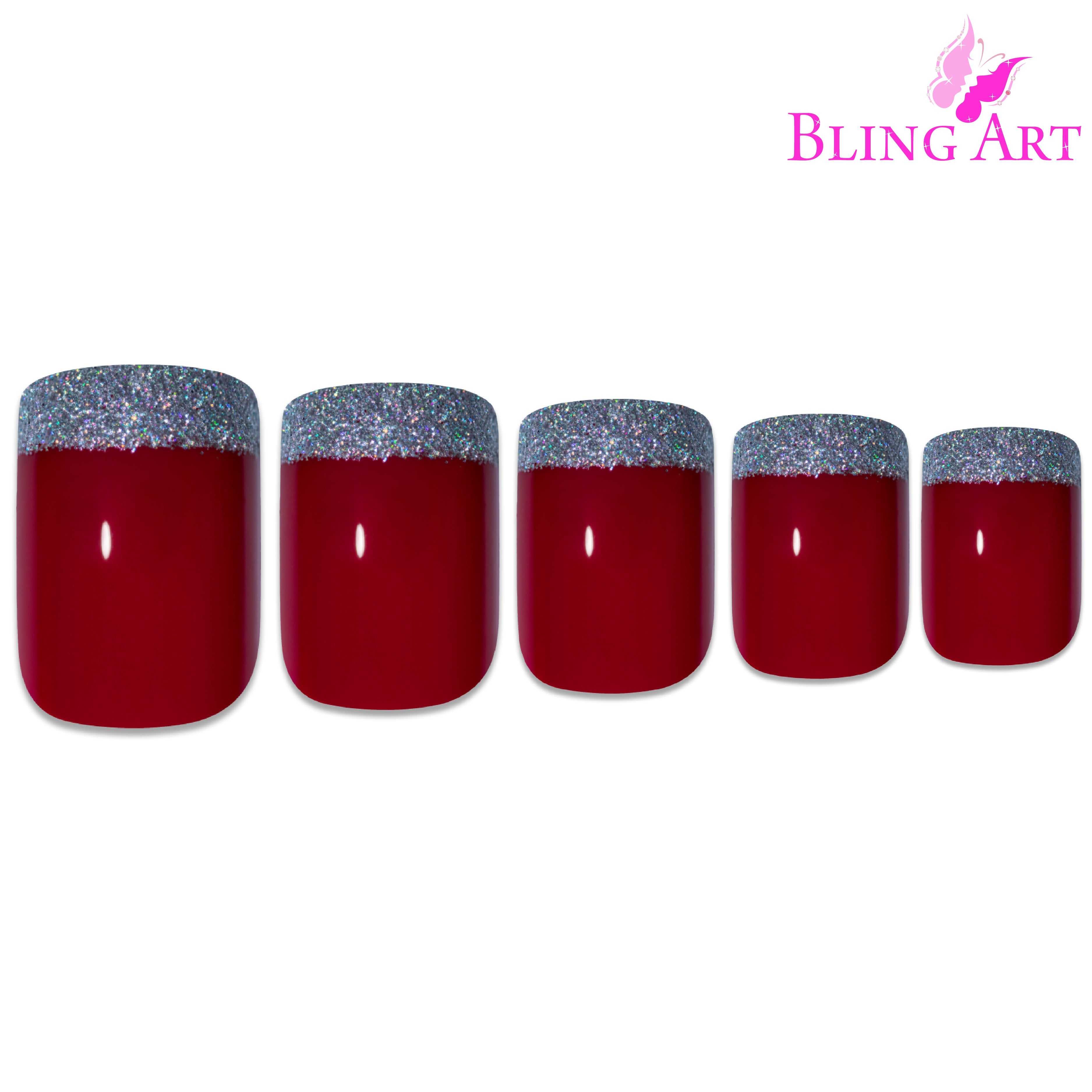 False Nails by Bling Art Red Silver French Manicure Fake Medium Tips