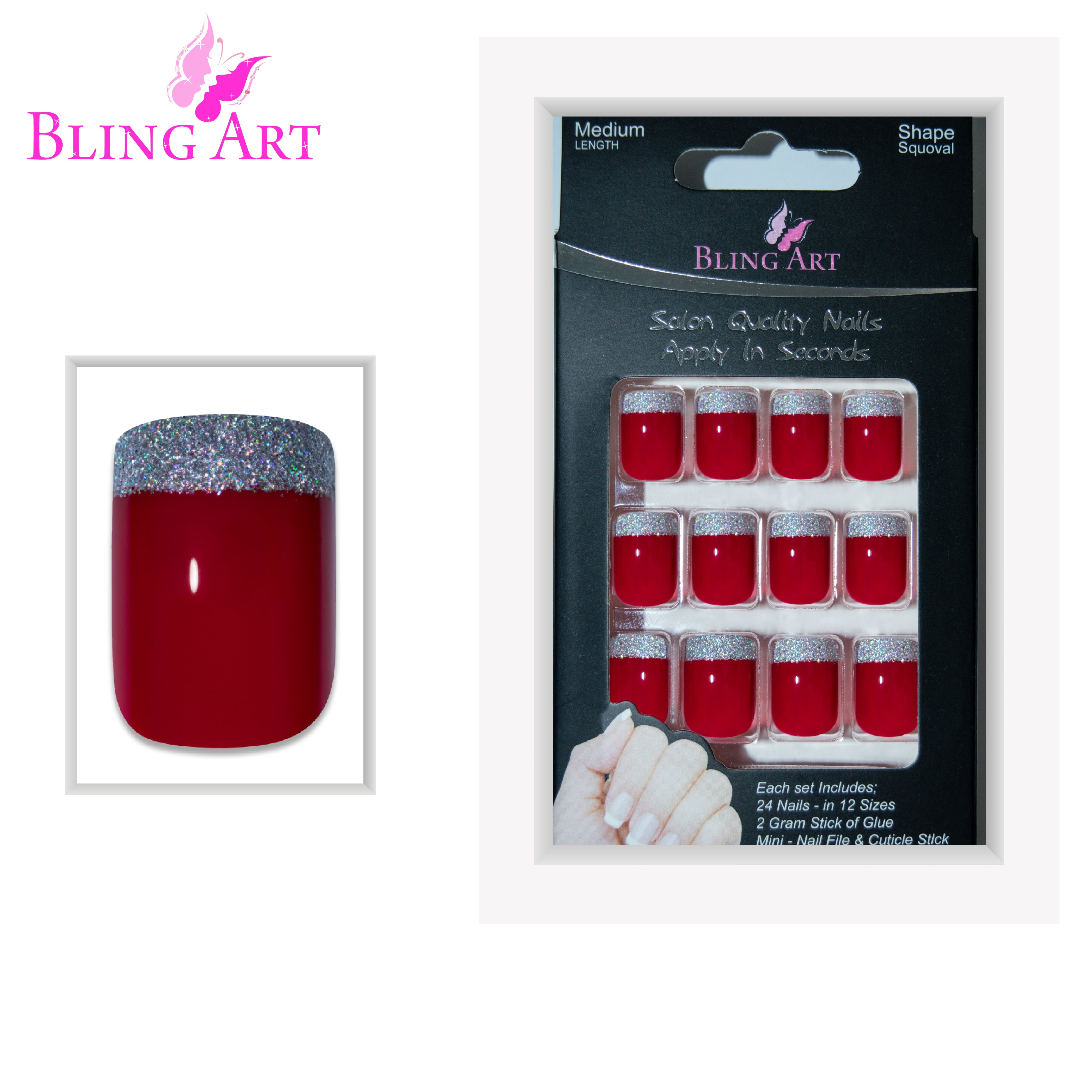 False Nails by Bling Art Red Silver French Manicure Fake Medium Tips