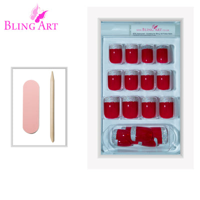 Red and silver French manicure press-on false nails by Bling Art — bold rock-glamour statement for parties and statement events · high-shine red-and-silver French tip · medium-length tips · 24 nails per set with adhesive · designed in Yorkshire