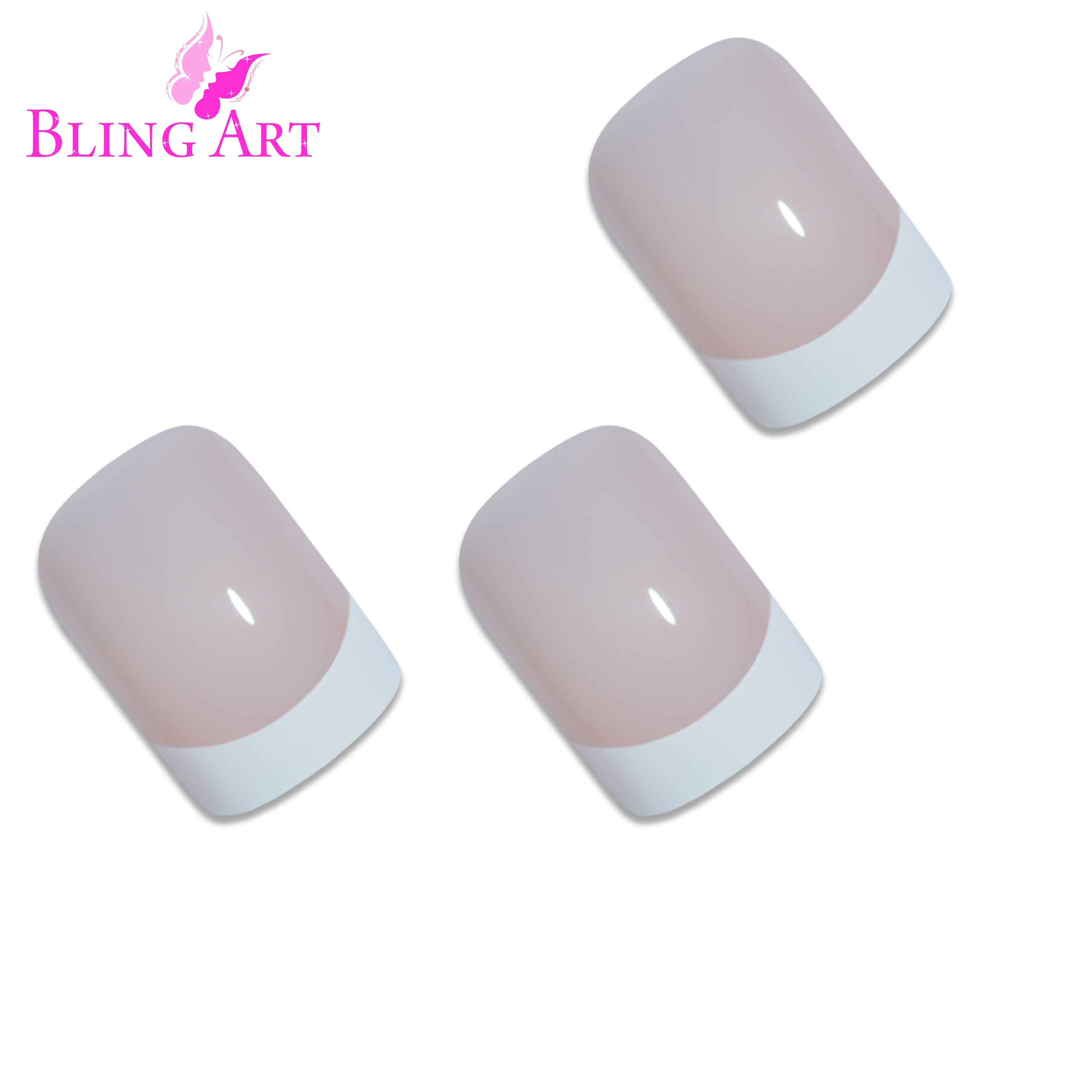 White French manicure Bling Art press-on nails — alternative angle revealing the crisp French tip definition.