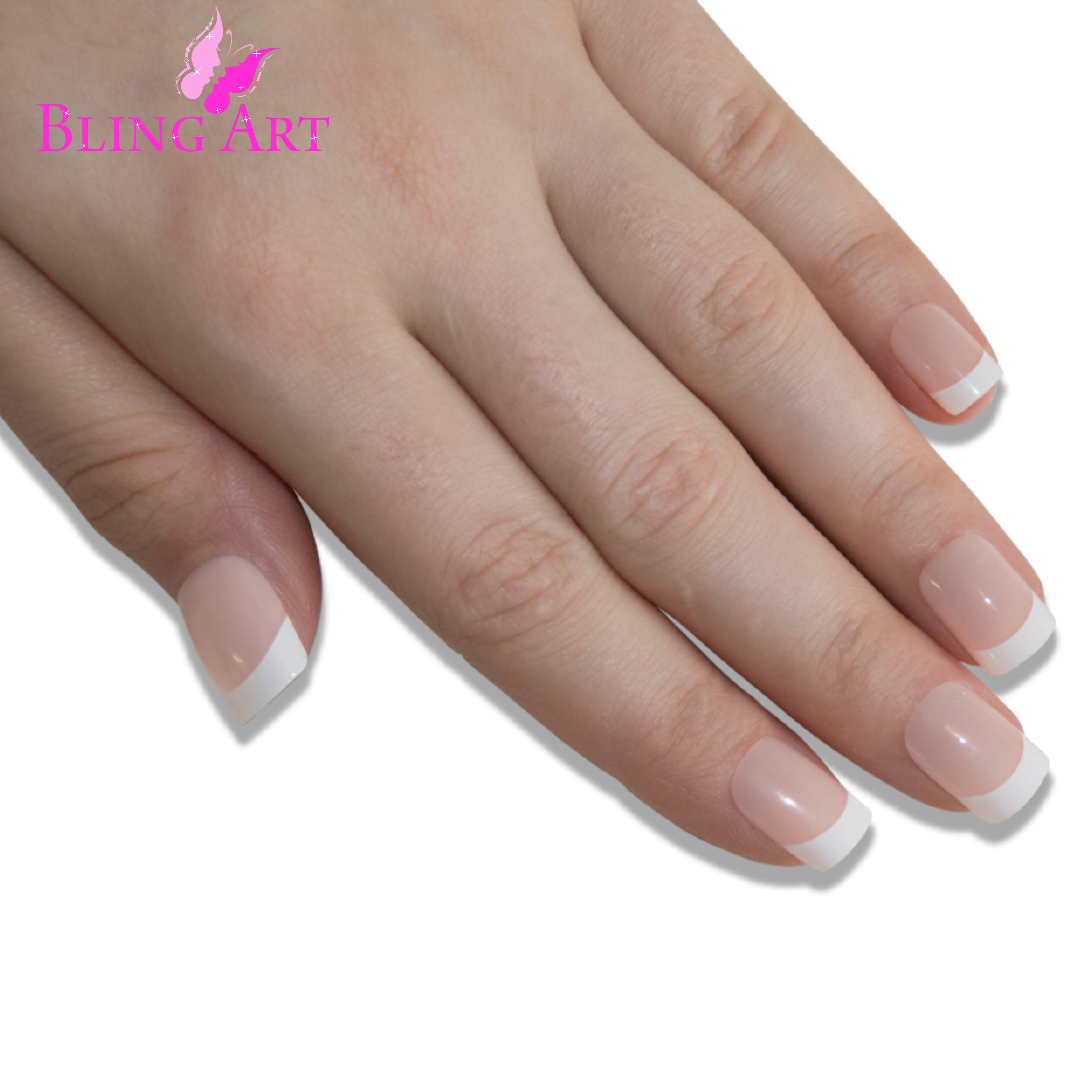 White French manicure Bling Art press-on nails — full-hand reveal showing all 24 nails for weddings and everyday wear.