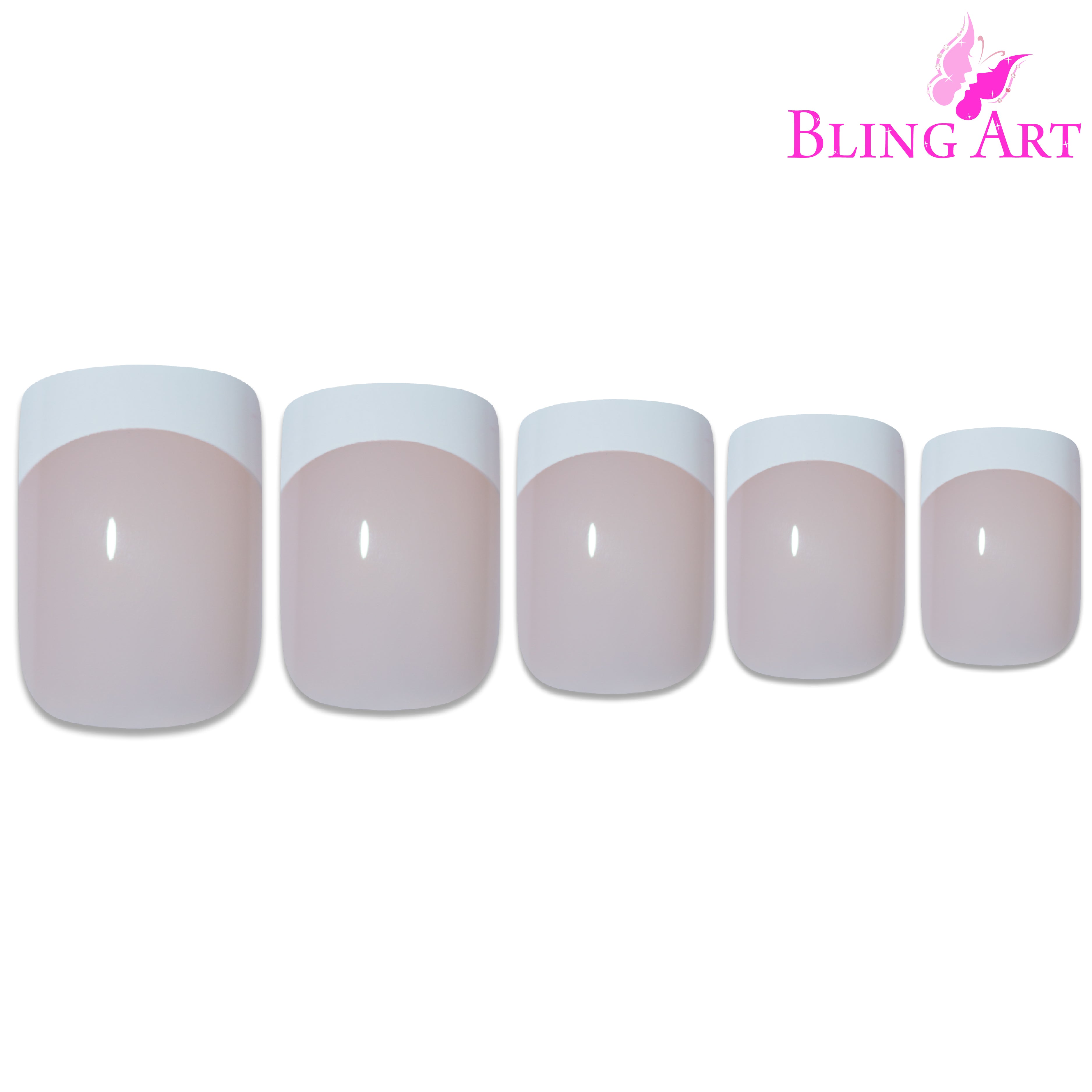 White French manicure Bling Art press-on nails — lifestyle context shot showing the classic bridal-and-office French.