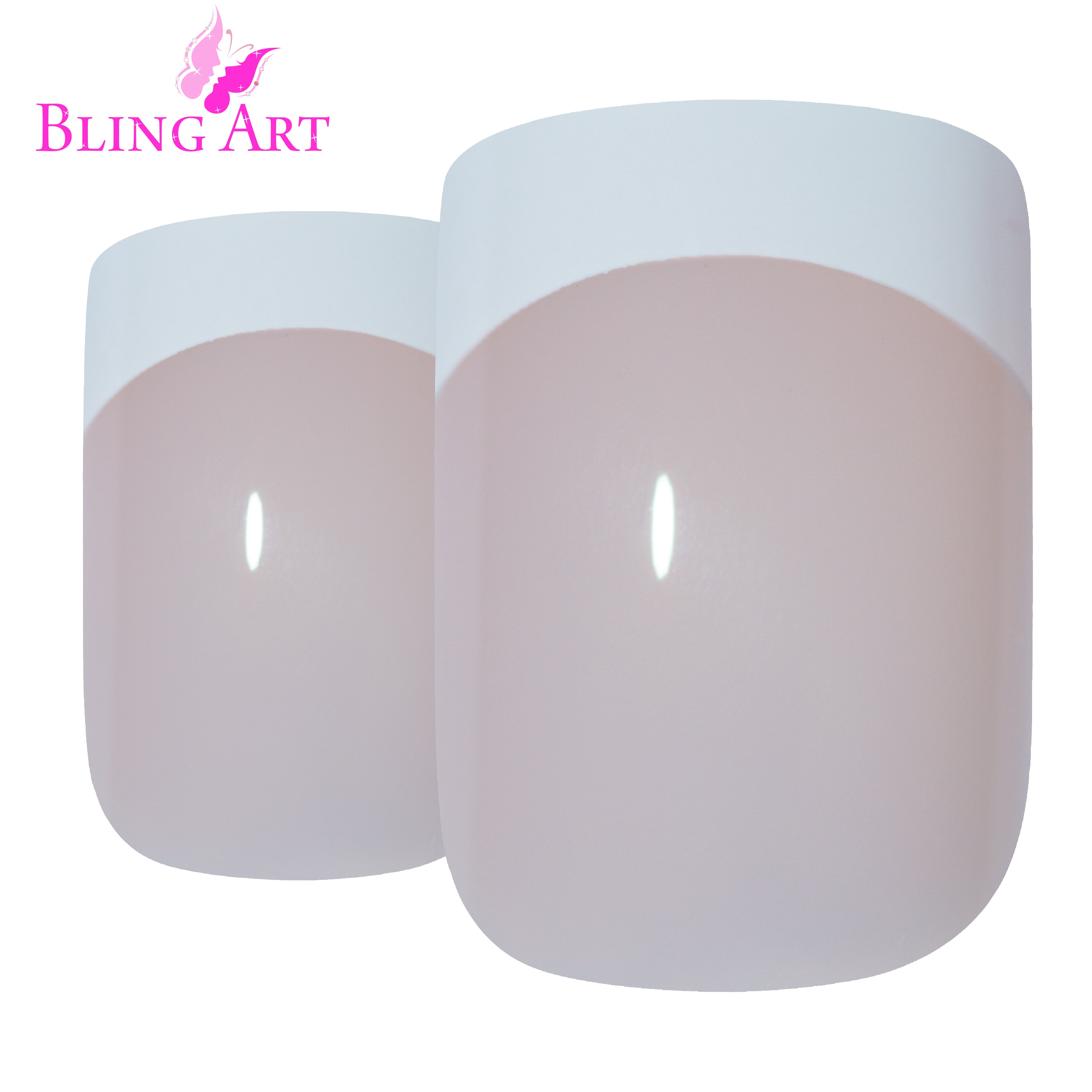 White French manicure Bling Art press-on nails — worn-hand close-up showing the timeless white French tip on medium-length tips.