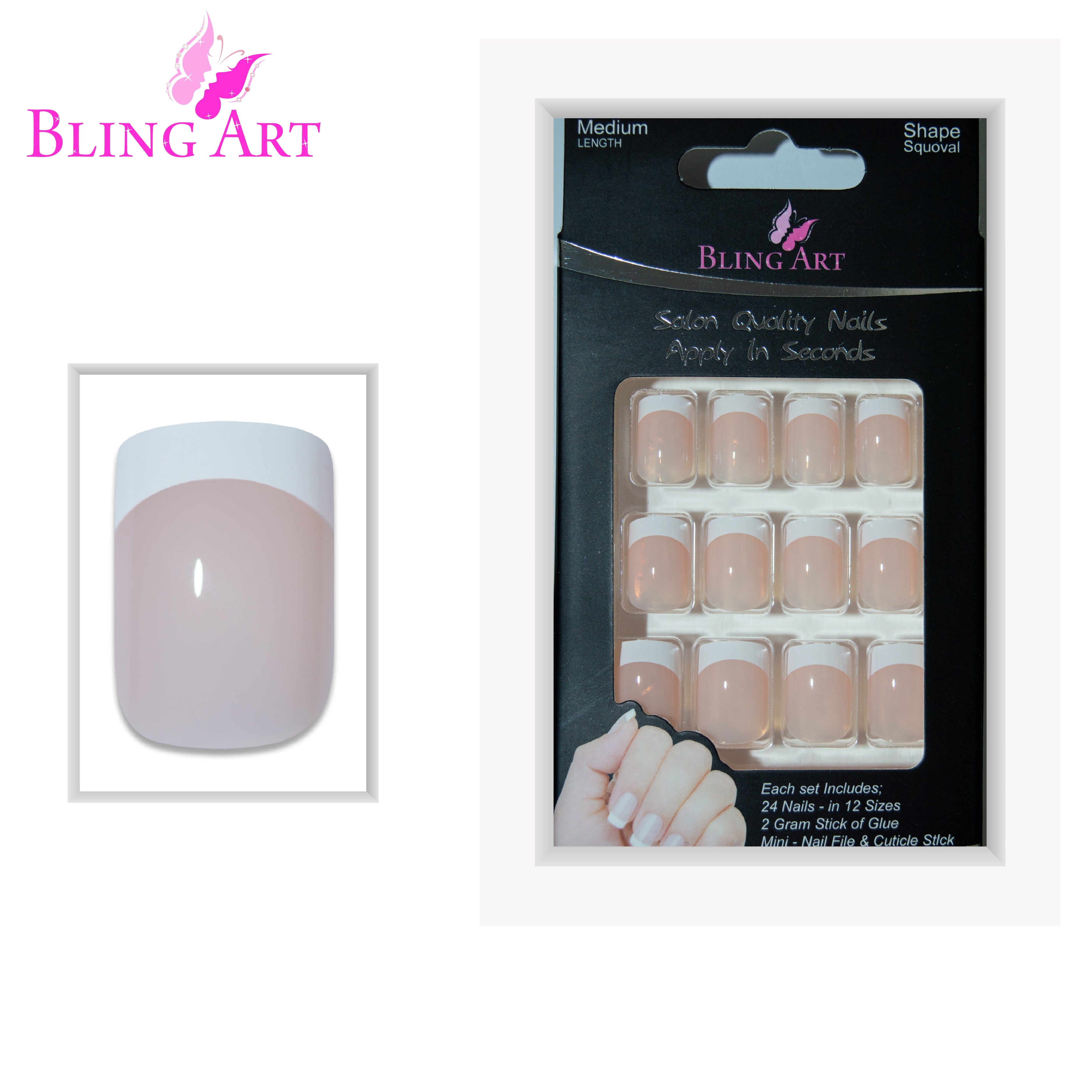 Bling Art White French manicure press-on nail set packaging — 24 nails, 12 sizes XS-XXL, file and cuticle stick included. Glue not included.
