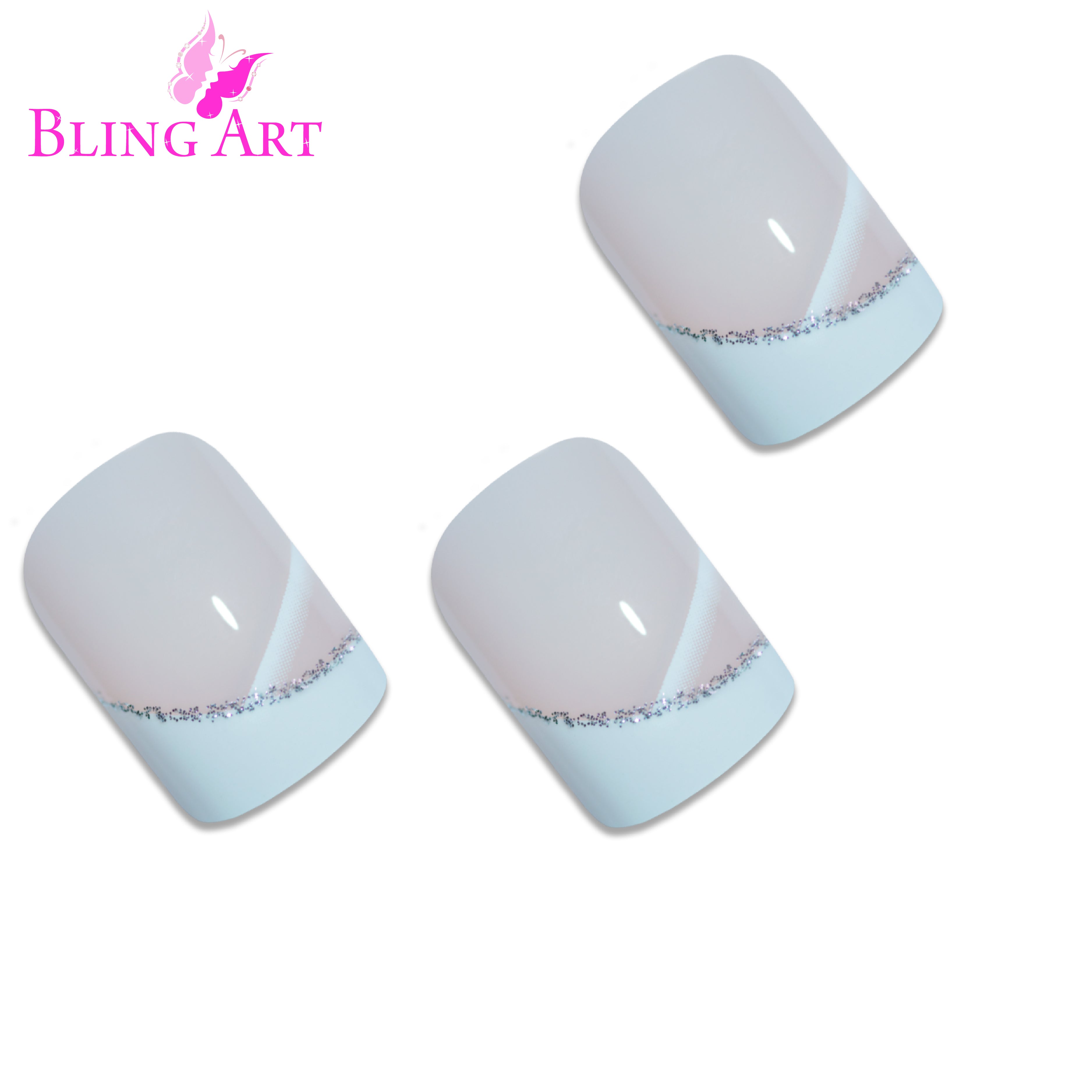 White glitter French manicure Bling Art press-on nails — full-hand reveal showing all 24 nails for weddings, prom and romantic events.