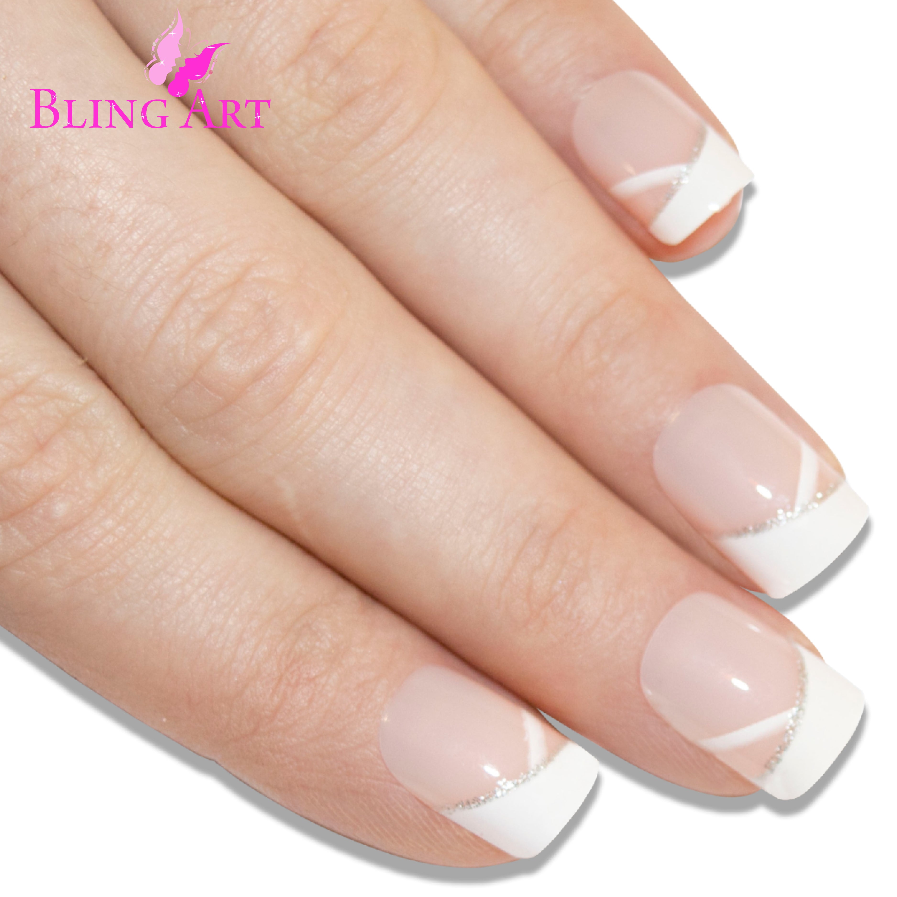 White glitter French manicure Bling Art press-on nails — lifestyle context shot showing the bridal-sparkle white French.