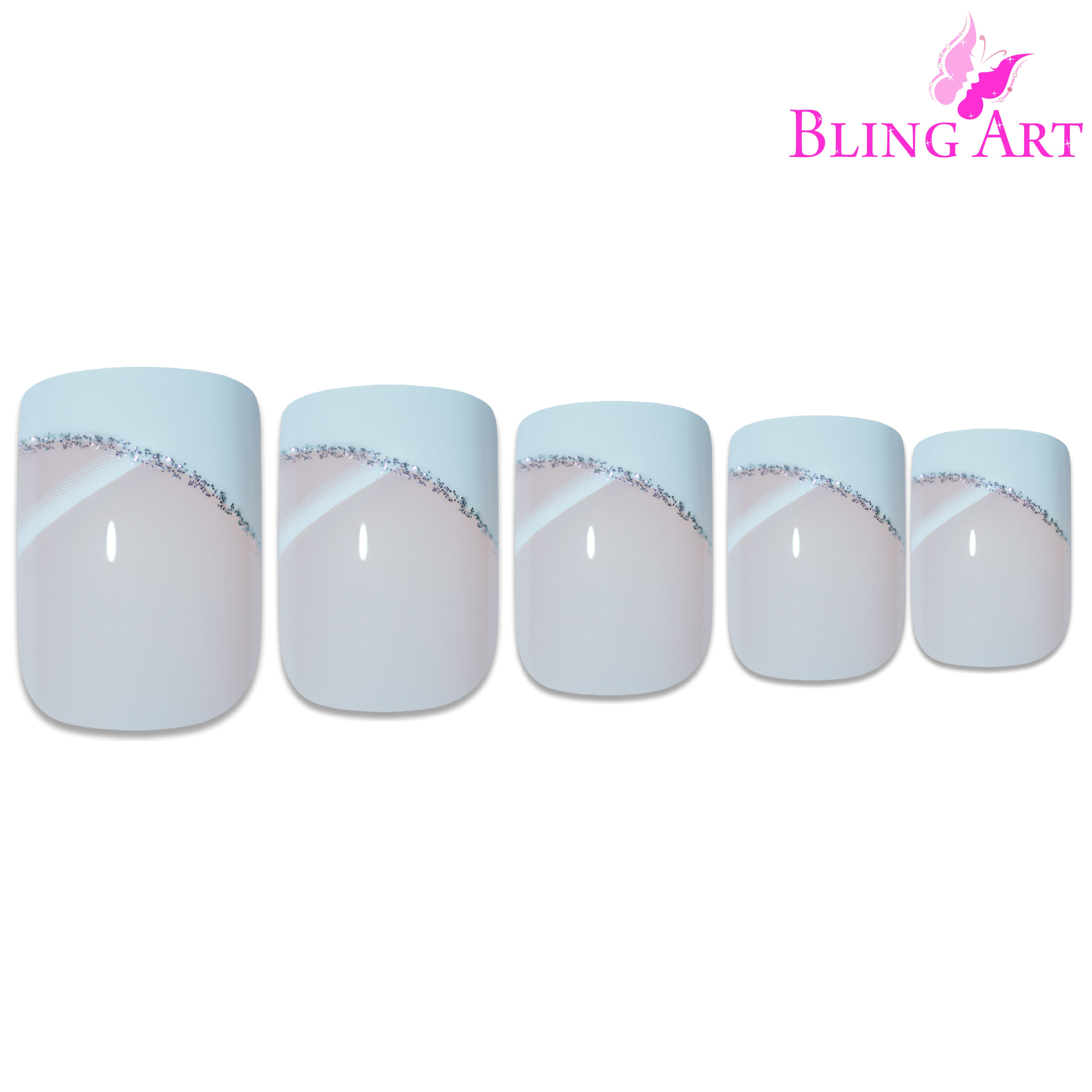White glitter French manicure Bling Art press-on nails — alternative angle revealing the glitter and French tip definition.