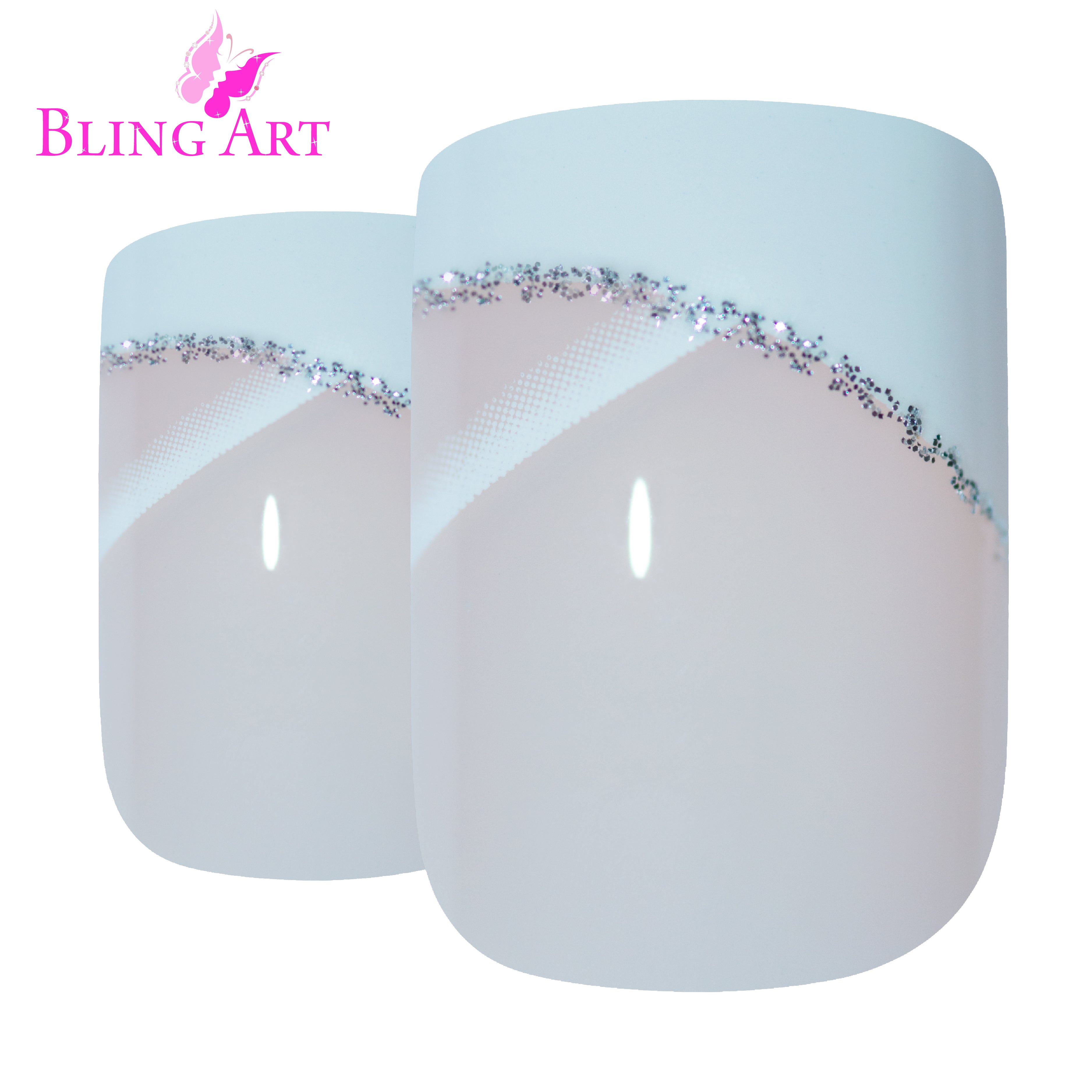 White glitter French manicure Bling Art press-on nails — worn-hand close-up showing the white sparkle French tip on medium-length tips.