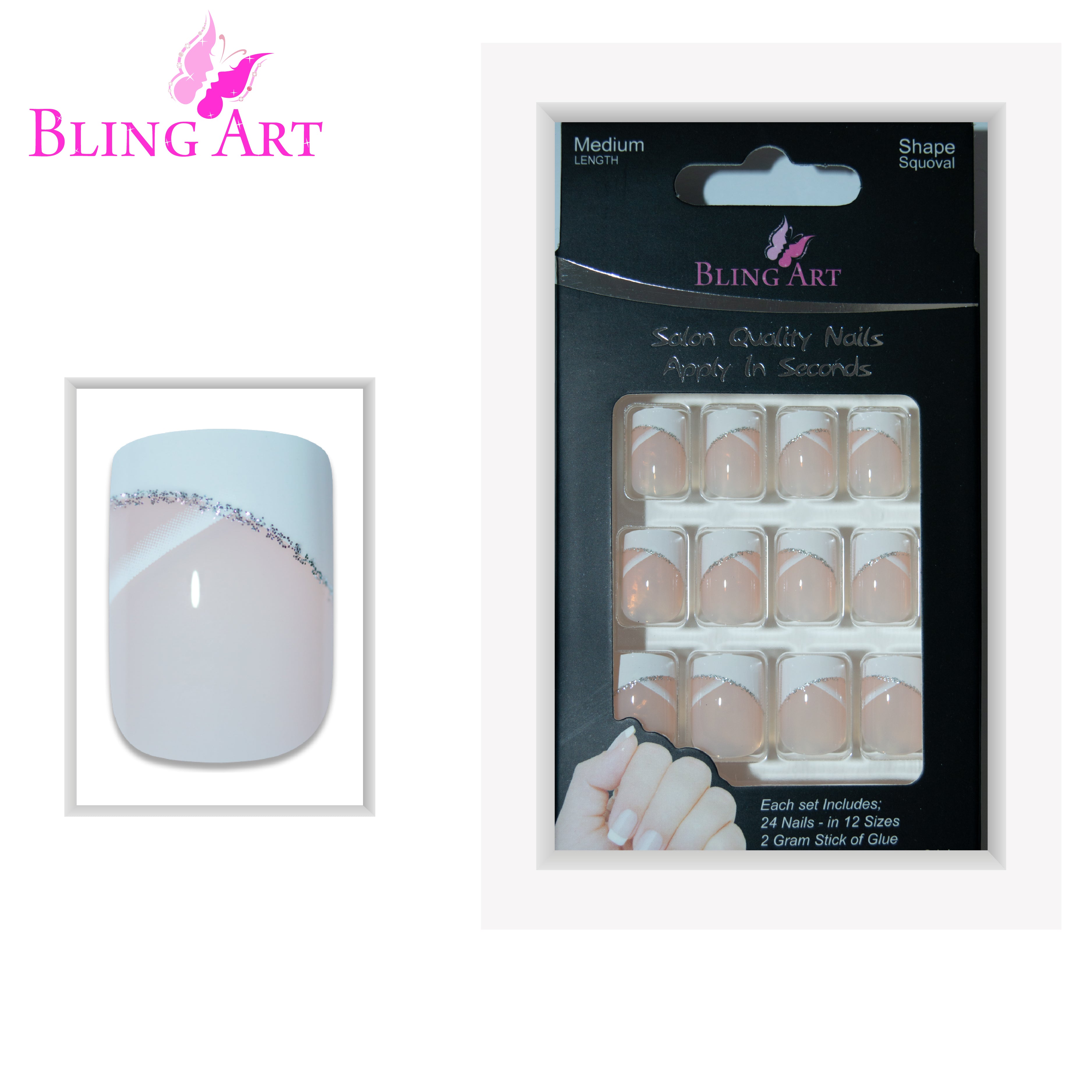 Bling Art White glitter French manicure press-on nail set packaging — 24 nails, 12 sizes XS-XXL, file and cuticle stick included. Glue not included.