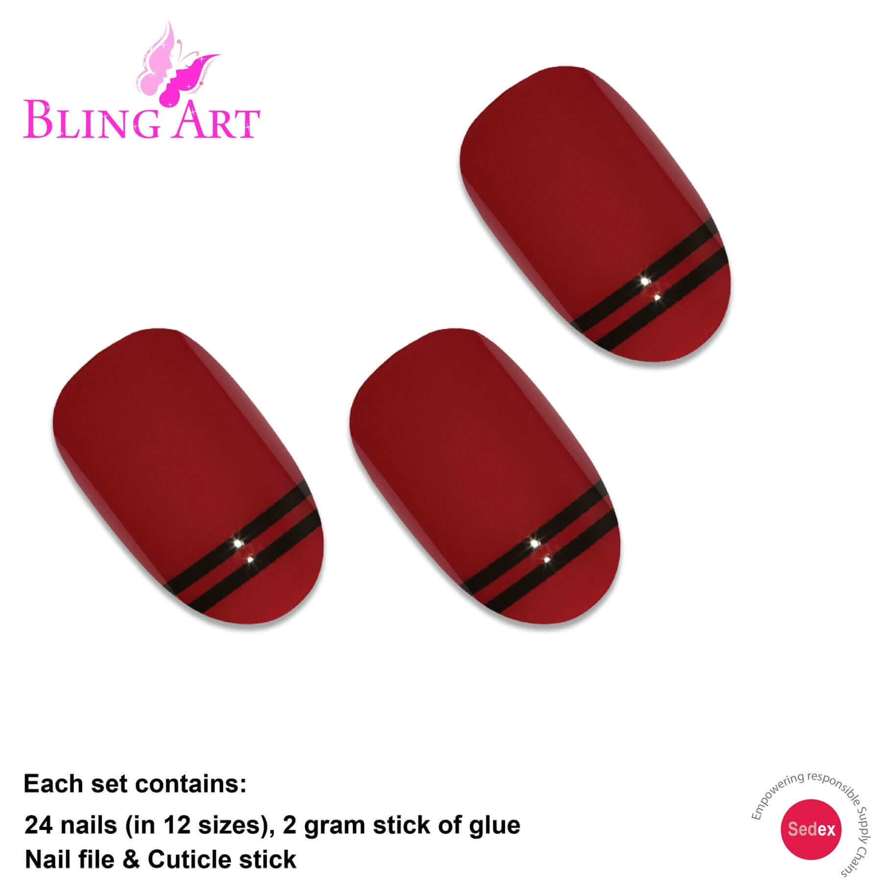 False Nails by Bling Art Red Black Glossy Oval Medium Fake 24 Acrylic Nail Tips