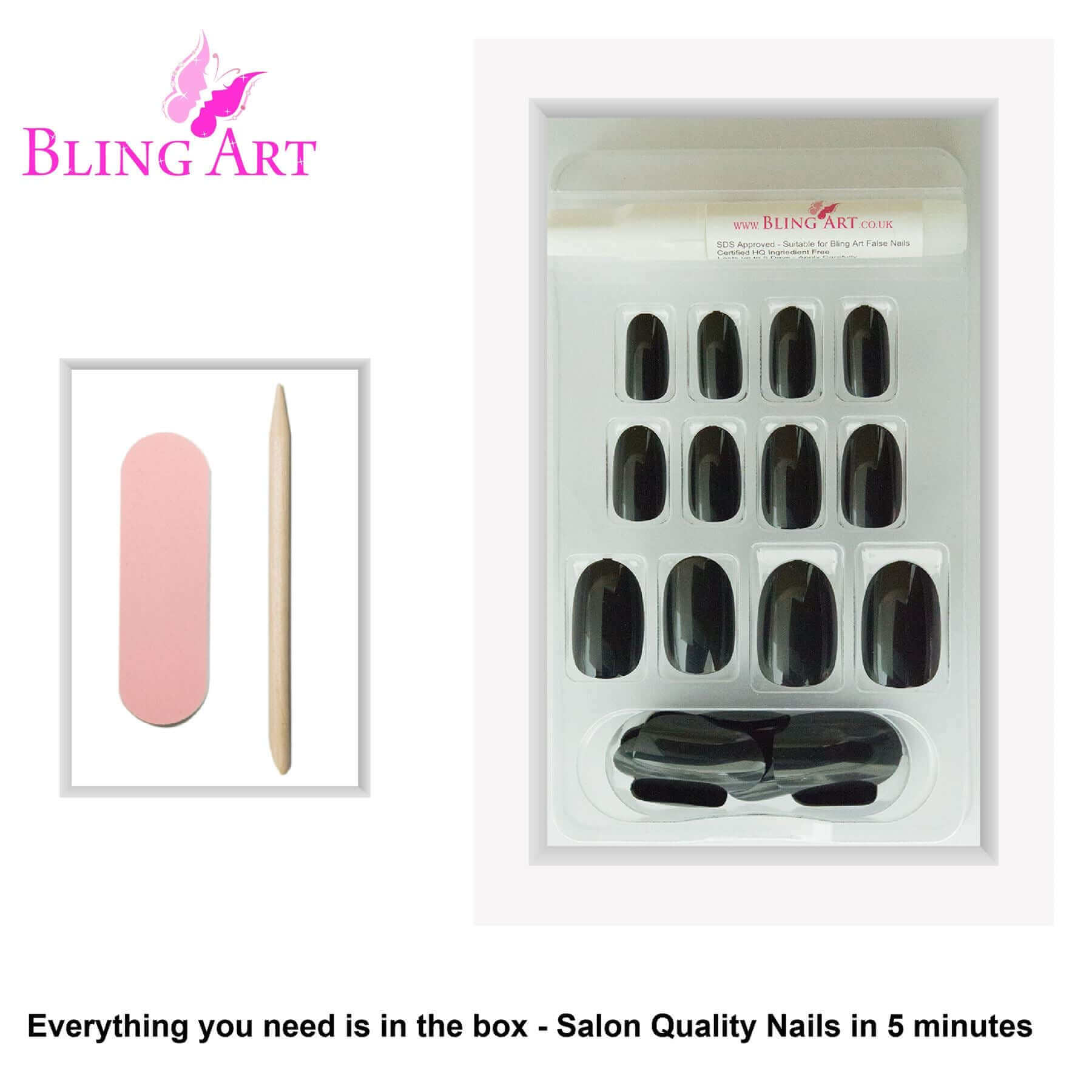 False Nails by Bling Art Black Glitter Oval Medium Fake Acrylic 24 Tips with Glue