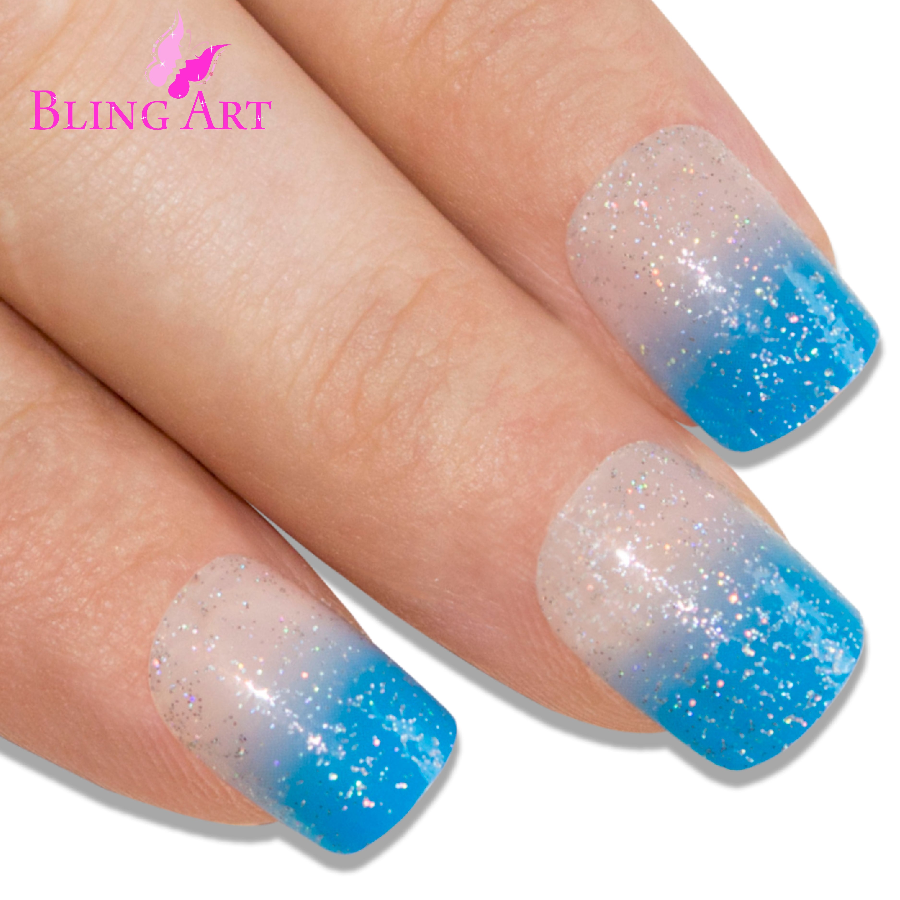 Blue Sparkle French manicure Bling Art press-on nails — alternative angle revealing the sparkle French tip definition.