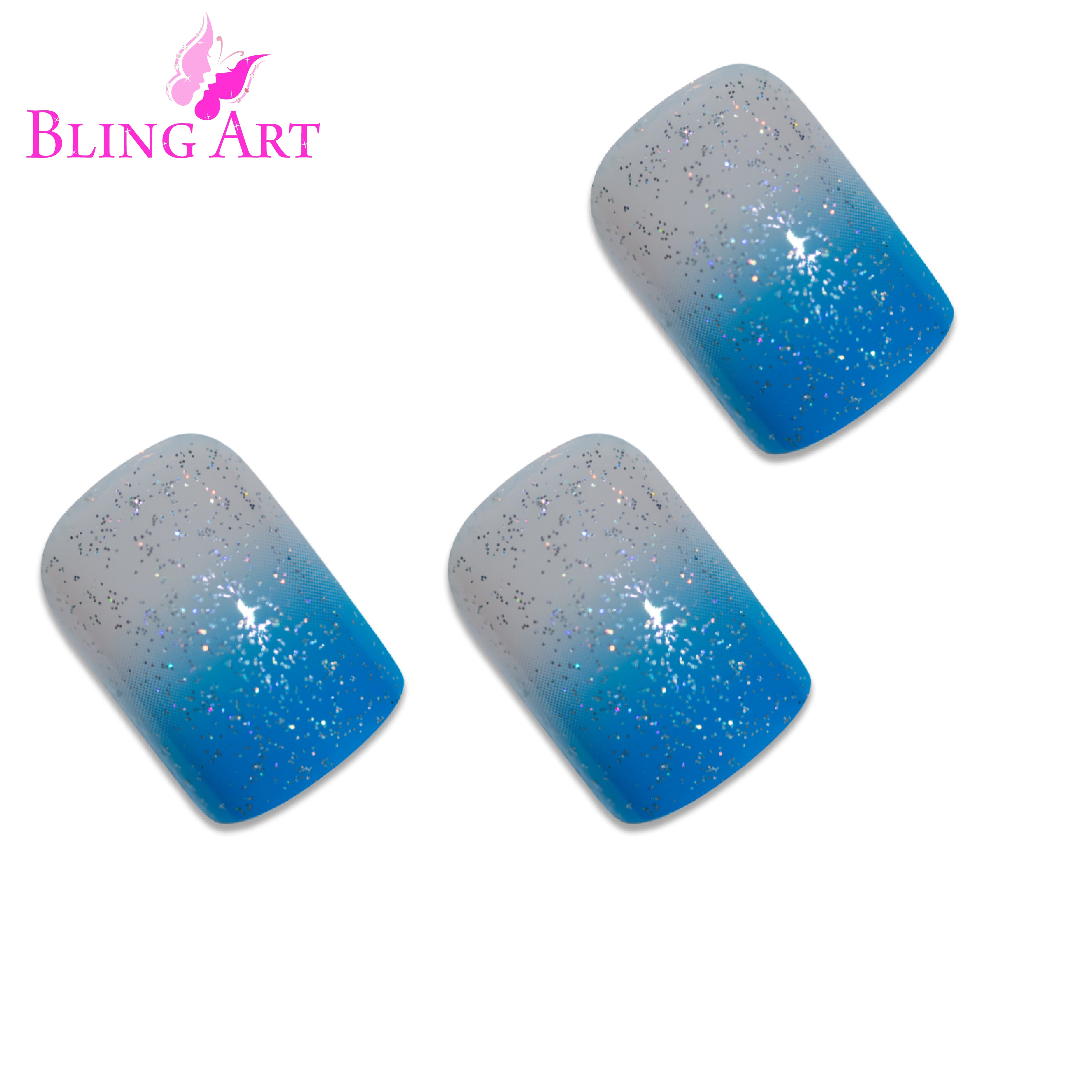 Blue Sparkle French manicure Bling Art press-on nails — lifestyle context shot showing the playful blue sparkle French.