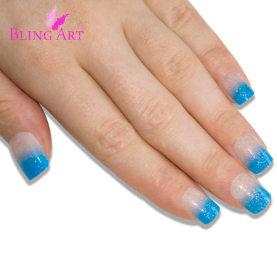 Blue Sparkle French manicure press-on false nails by Bling Art — vivid blue sparkle French for summer events, festivals and statement evenings. 24 nails, 12 sizes XS-XXL, no UV lamp. Designed in Yorkshire UK.