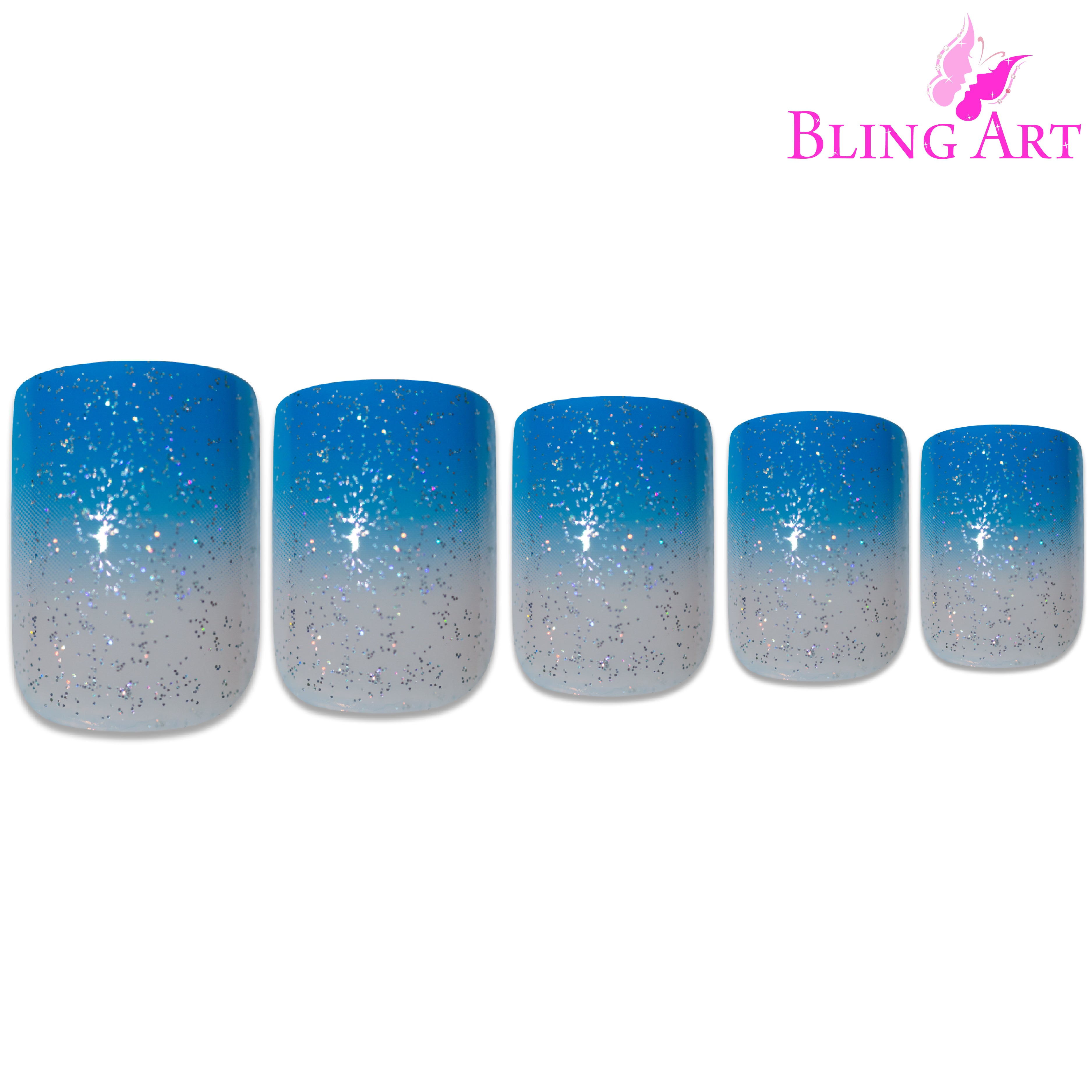 Blue Sparkle French manicure Bling Art press-on nails — worn-hand close-up showing the blue sparkle French tip on medium-length tips.