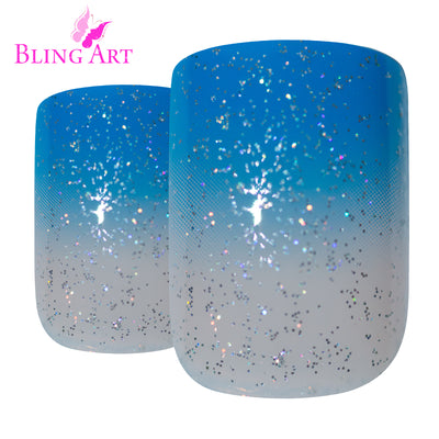 Blue Sparkle French manicure press-on false nails by Bling Art — vivid blue sparkle French for summer events, festivals and statement evenings. 24 nails, 12 sizes XS-XXL, no UV lamp. Designed in Yorkshire UK.