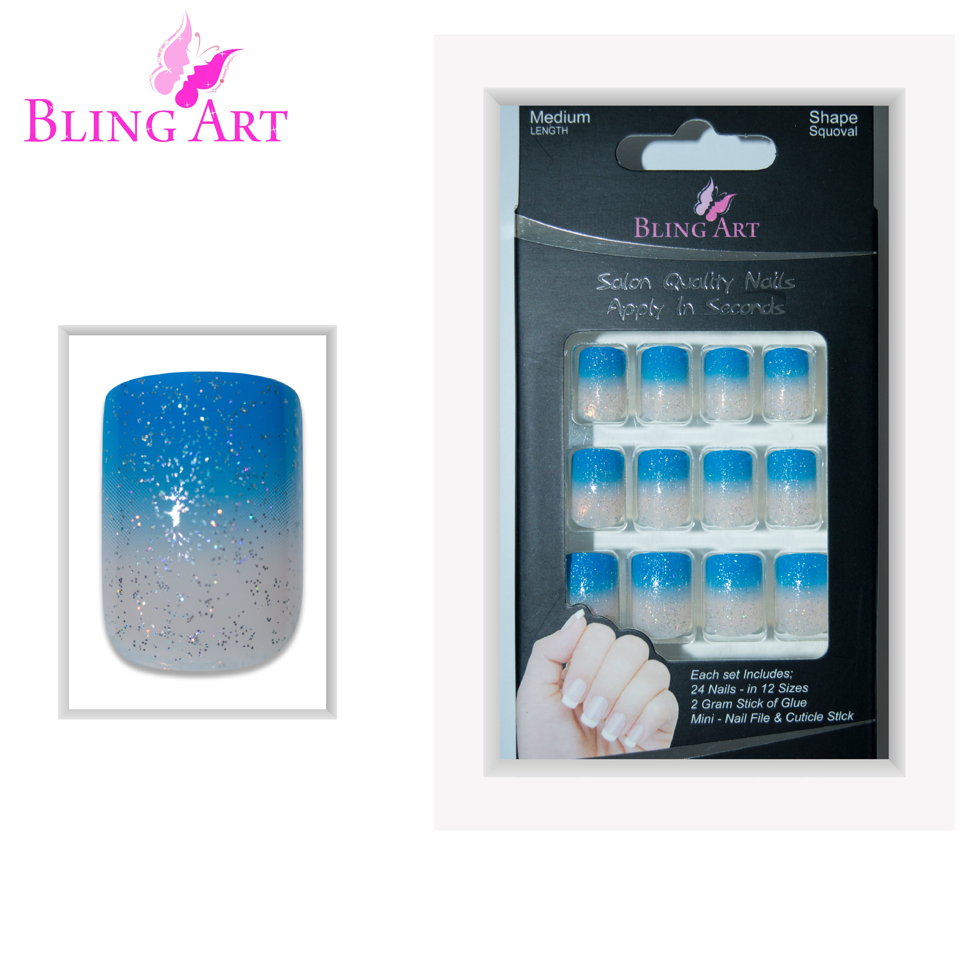 Blue Sparkle French manicure Bling Art press-on nails — full-hand reveal showing all 24 nails for summer events and festivals.