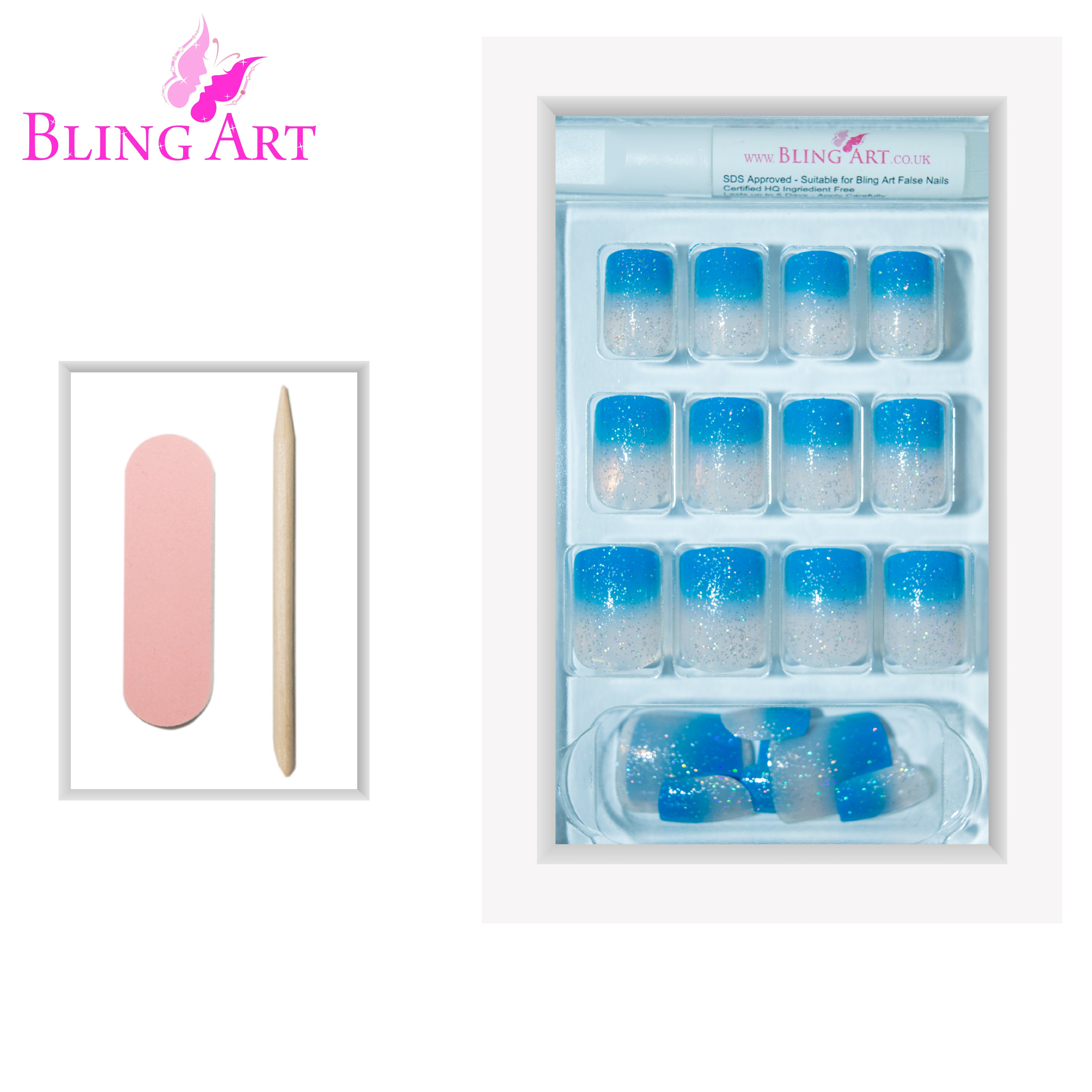 Bling Art Blue Sparkle French manicure press-on nail set packaging — 24 nails, 12 sizes XS-XXL, file and cuticle stick included. Glue not included.