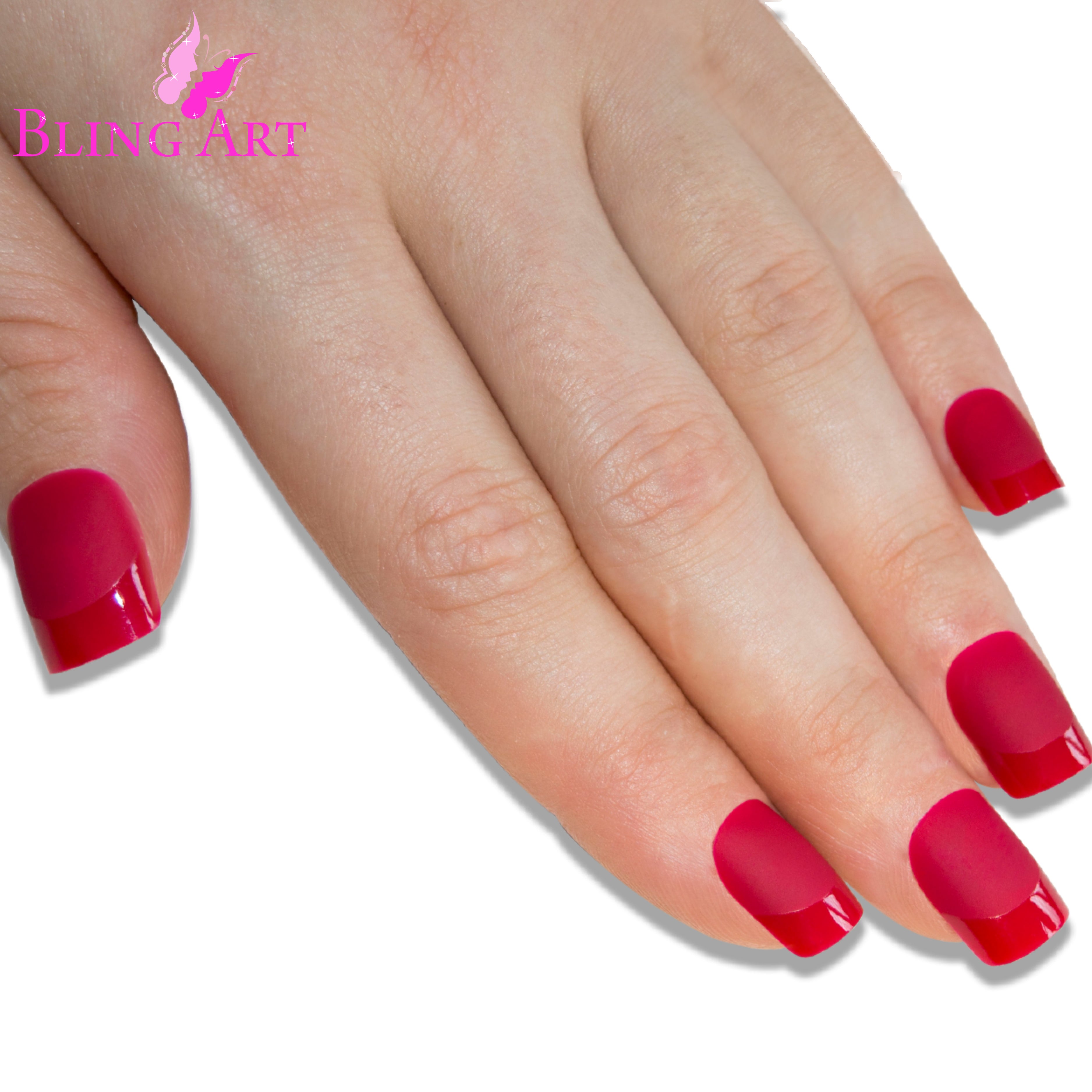 Red matte French manicure Bling Art press-on nails — full-hand reveal showing all 24 nails for date nights and statement events.