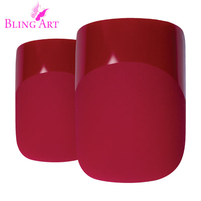 Crimson red matte French manicure press-on false nails by Bling Art — bold matte twist on the classic French look for date nights and statement events · smooth velvet matte texture with red French tip · medium-length tips · 24 nails per set with adhesive · designed in Yorkshire