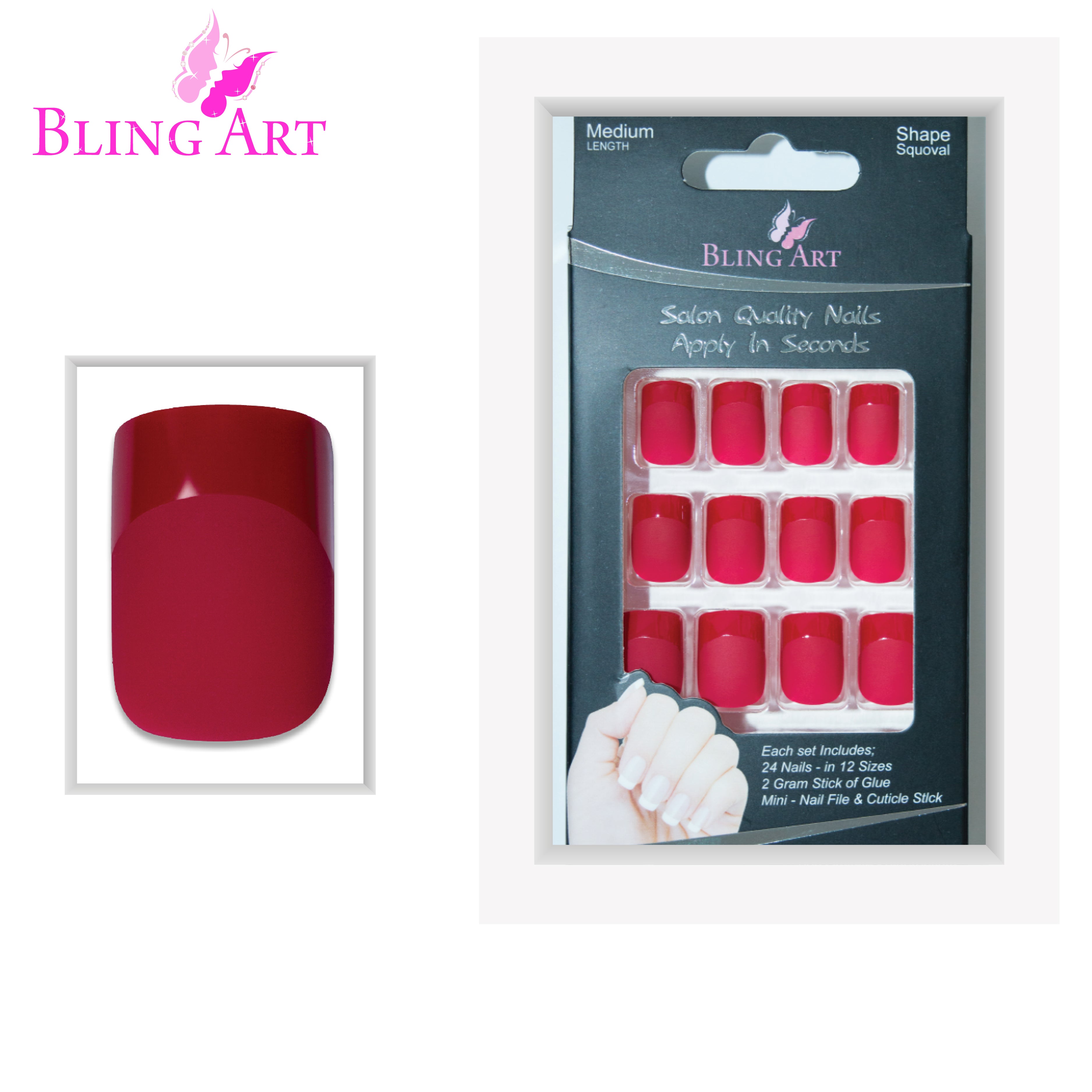 Bling Art Red matte French manicure press-on nail set packaging — 24 nails, 12 sizes XS-XXL, file and cuticle stick included. Glue not included.