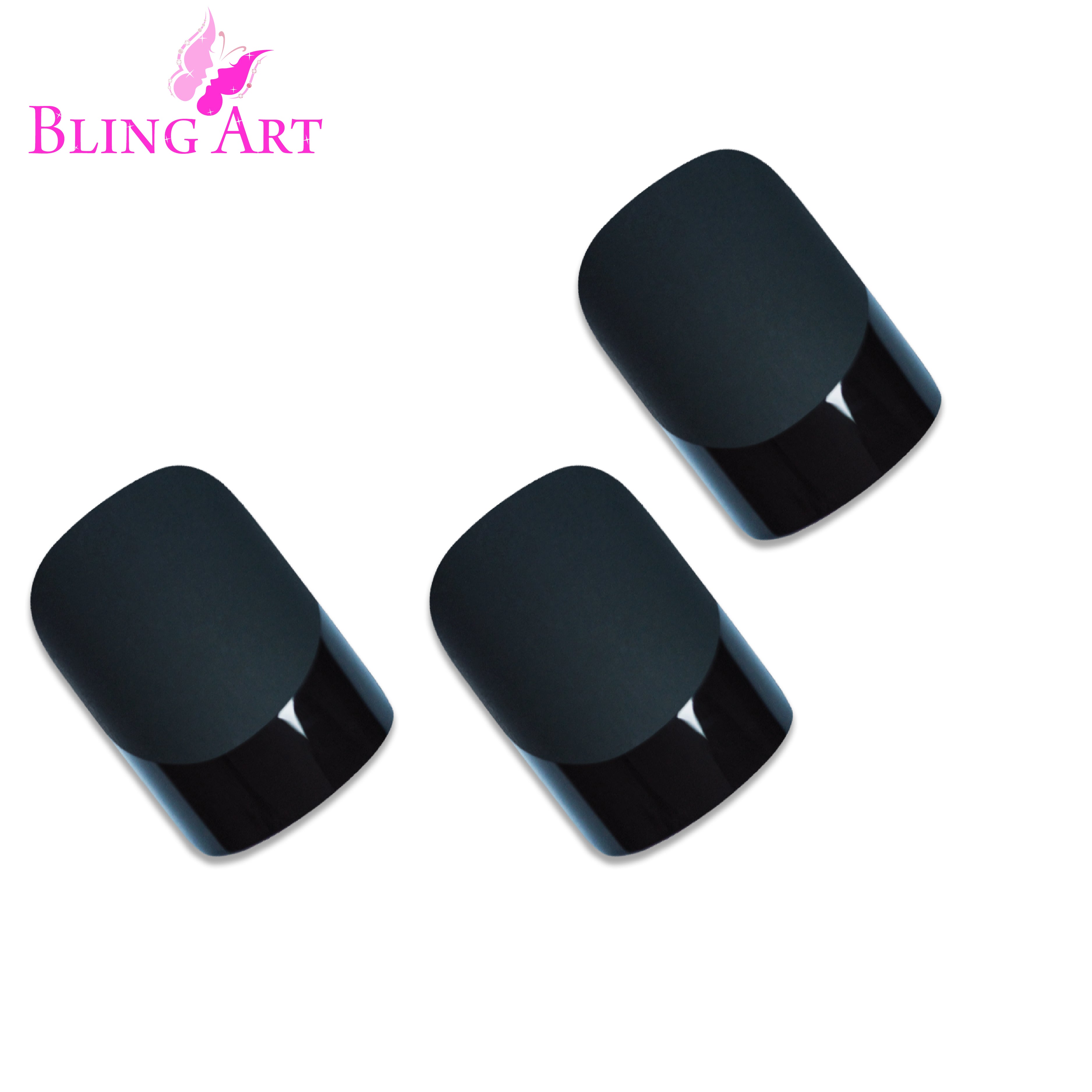 Black matte French manicure Bling Art press-on nails — alternative angle revealing the matte French tip definition.