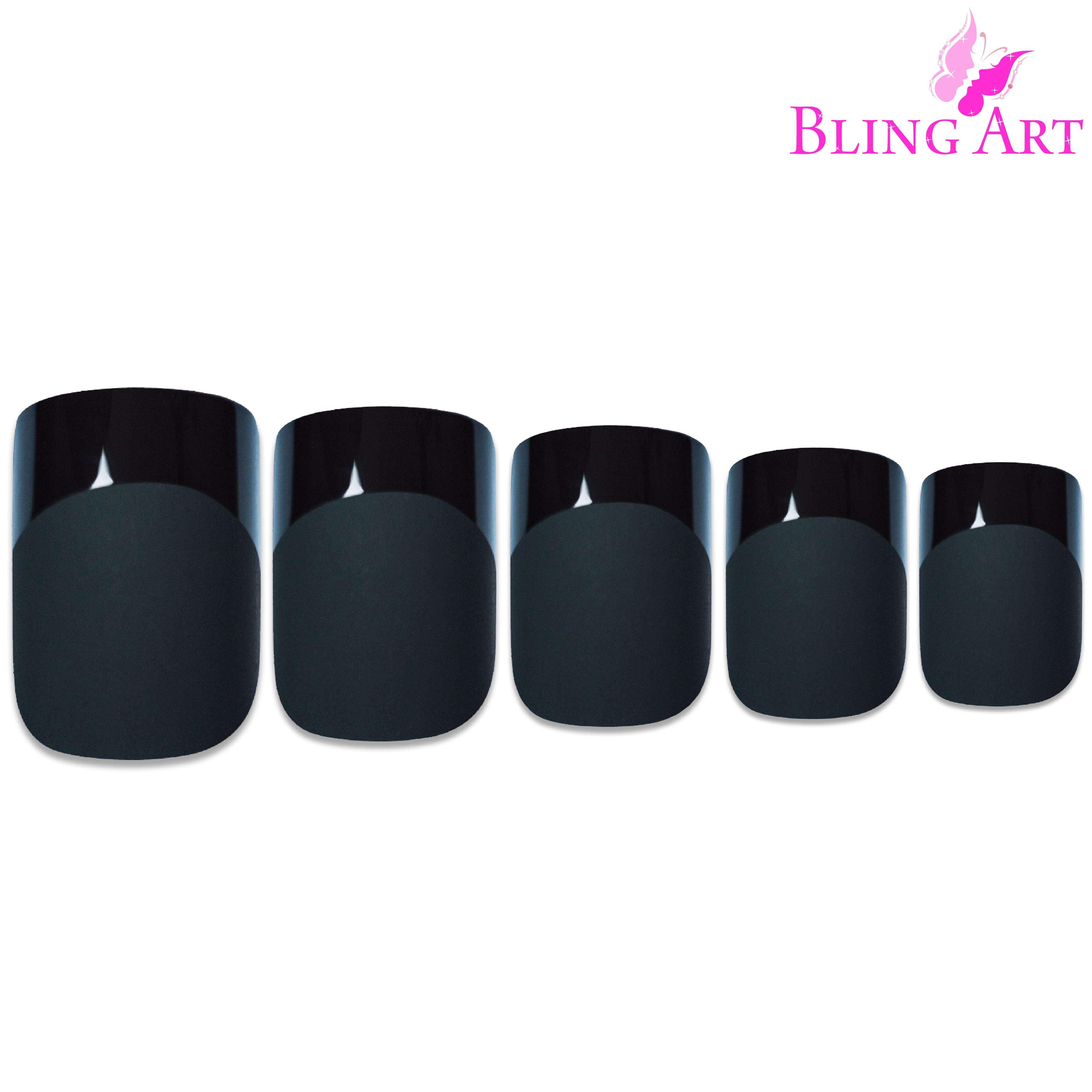 Black matte French manicure Bling Art press-on nails — full-hand reveal showing all 24 nails for evening wear and editorial styling.