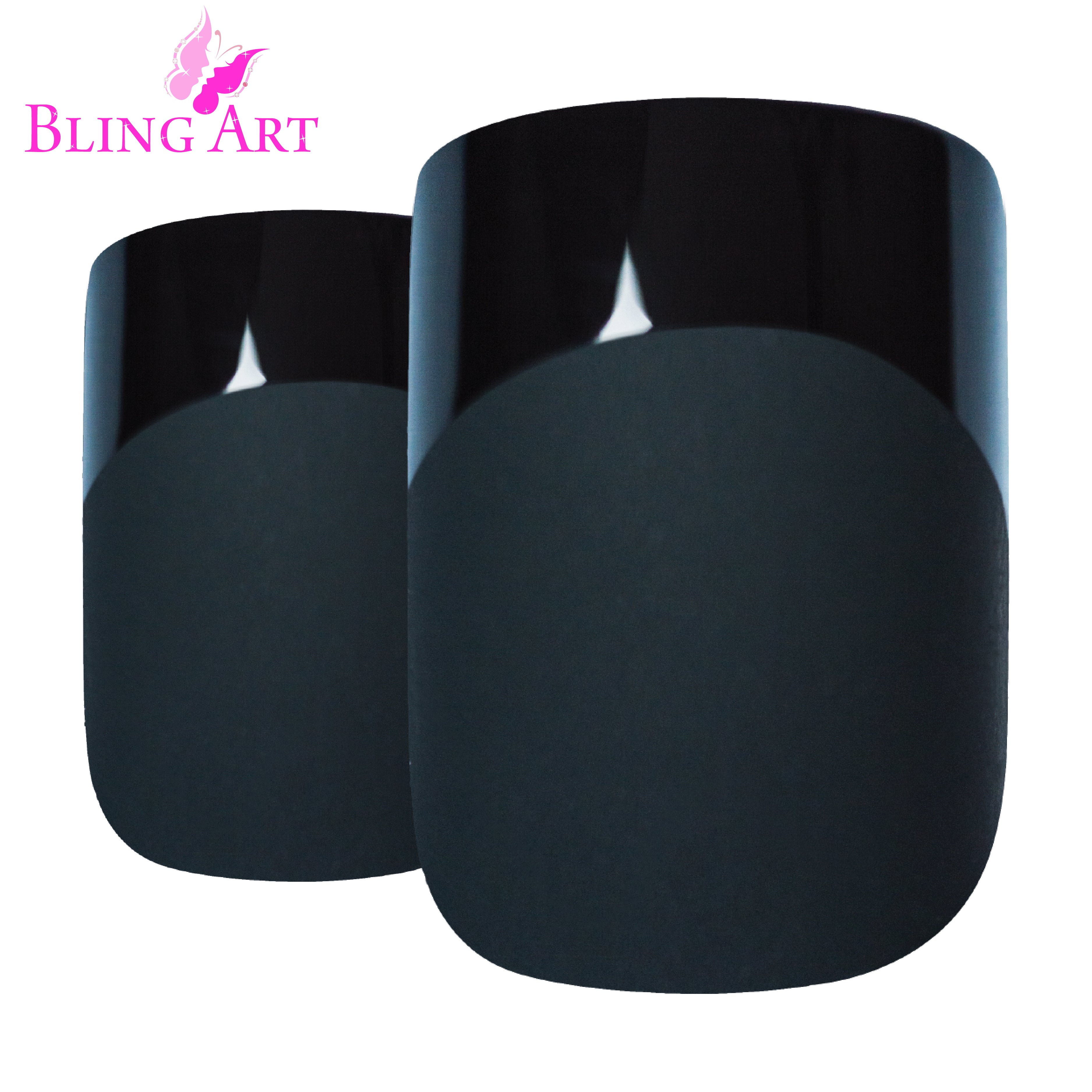 Black matte French manicure Bling Art press-on nails — worn-hand close-up showing the jet-black matte French tip on medium-length tips.