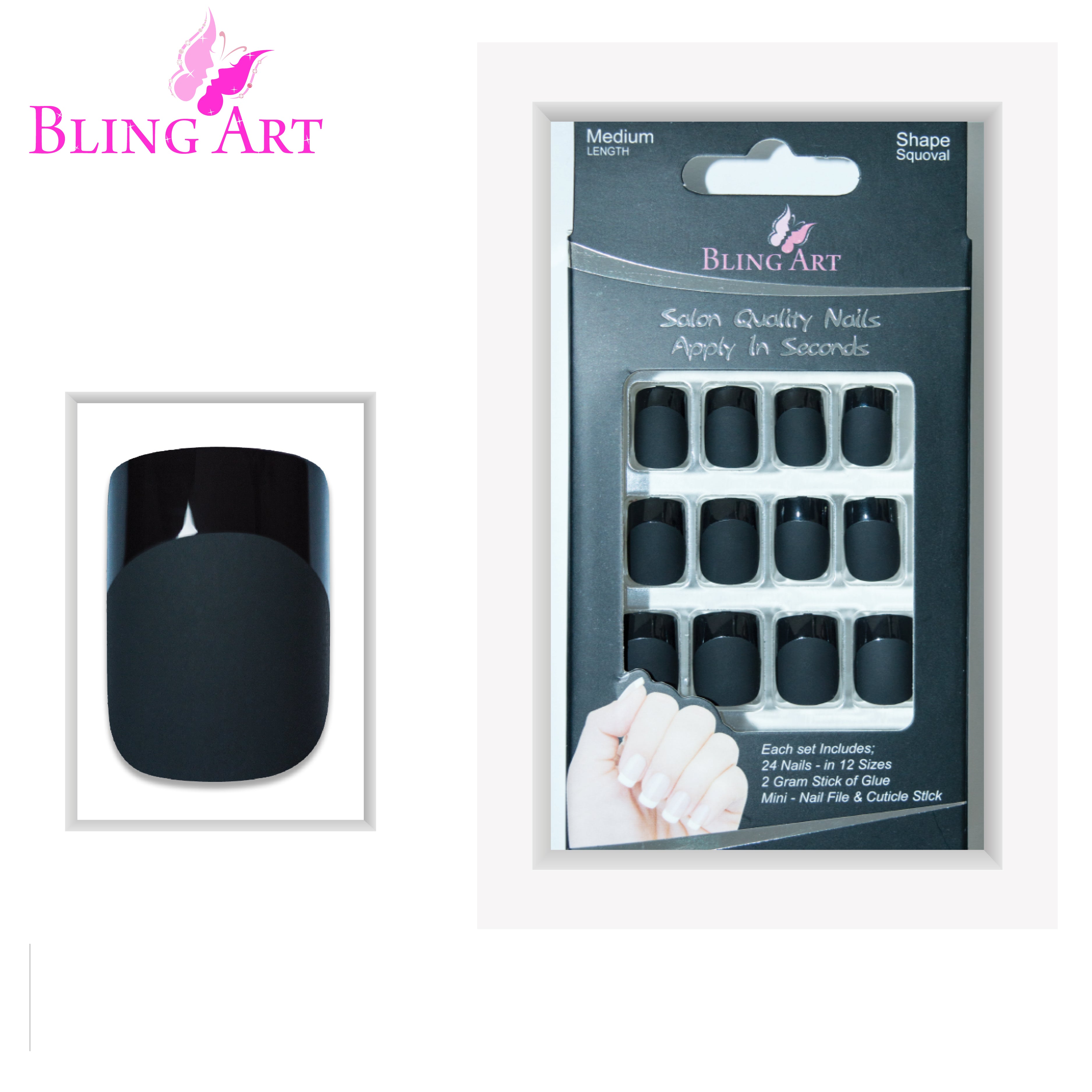 Black matte French manicure Bling Art press-on nails — lifestyle context shot showing the modern edgy matte black French.