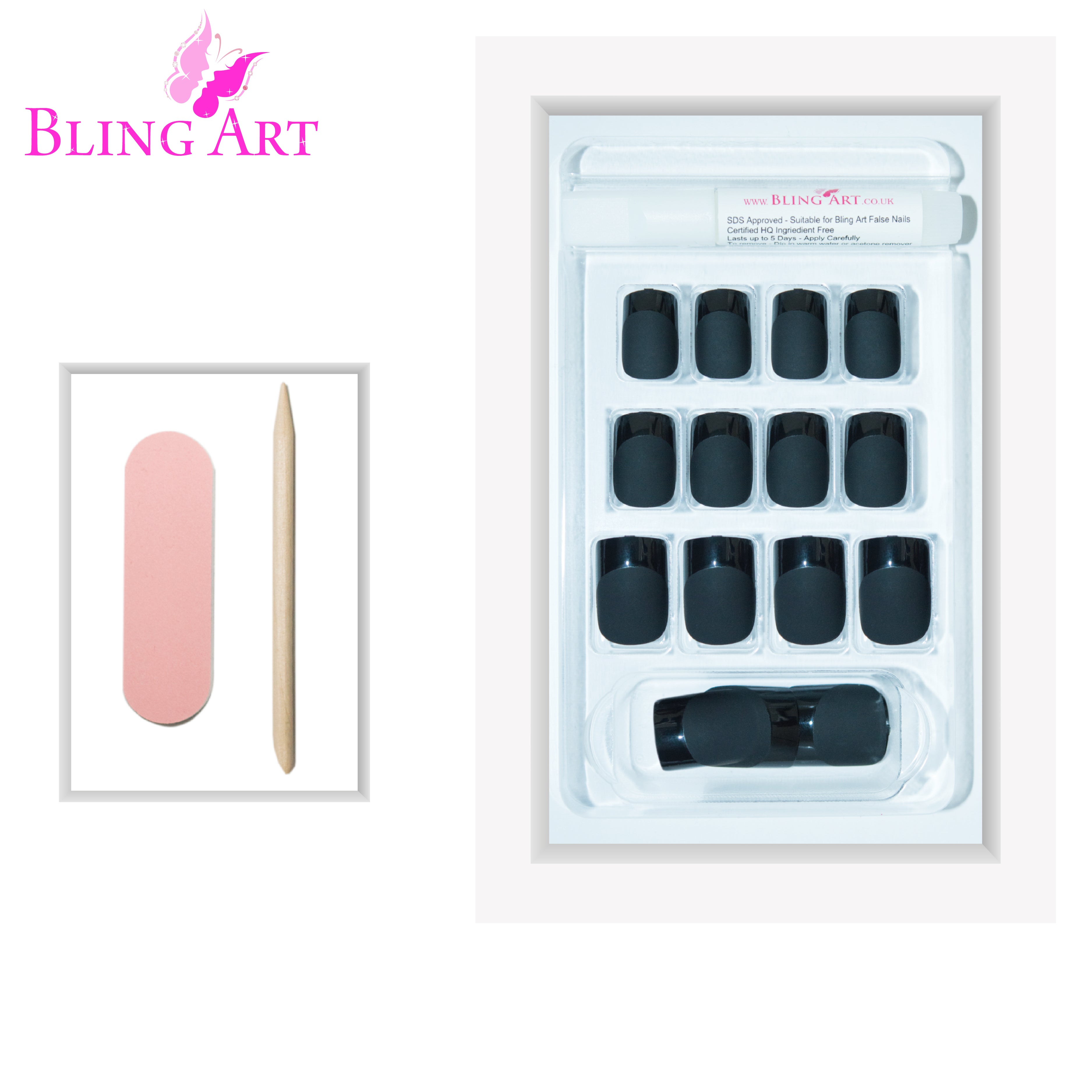 Bling Art Black matte French manicure press-on nail set packaging — 24 nails, 12 sizes XS-XXL, file and cuticle stick included. Glue not included.