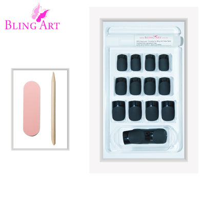 Deep jet black matte French manicure press-on false nails by Bling Art — modern edgy twist on the classic French look for evening wear and editorial styling · smooth velvet matte texture with black French tip · medium-length tips · 24 nails per set with adhesive · designed in Yorkshire