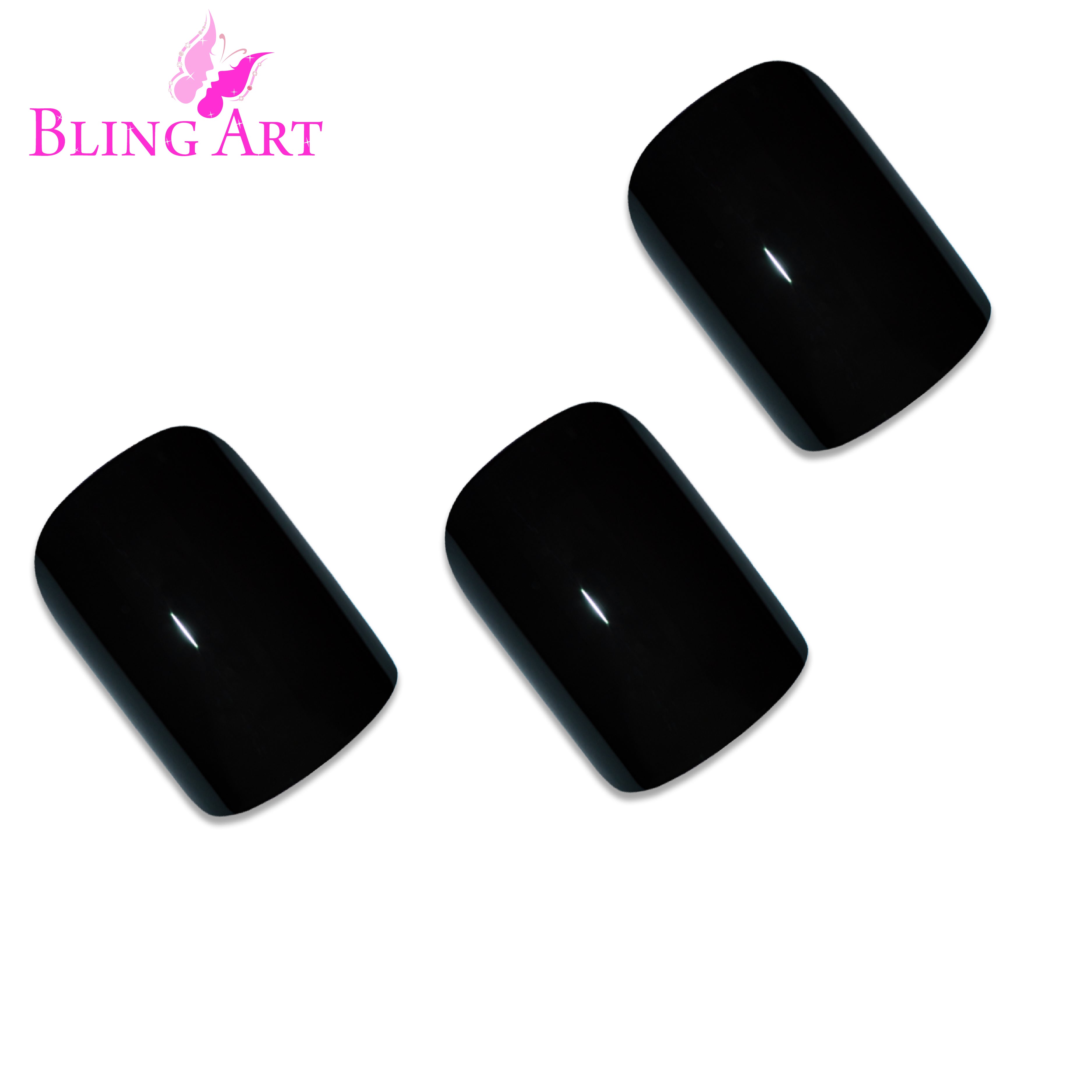 Bling Art Black polished French manicure press-on nail set packaging — 24 nails, 12 sizes XS-XXL, file and cuticle stick included. Glue not included.