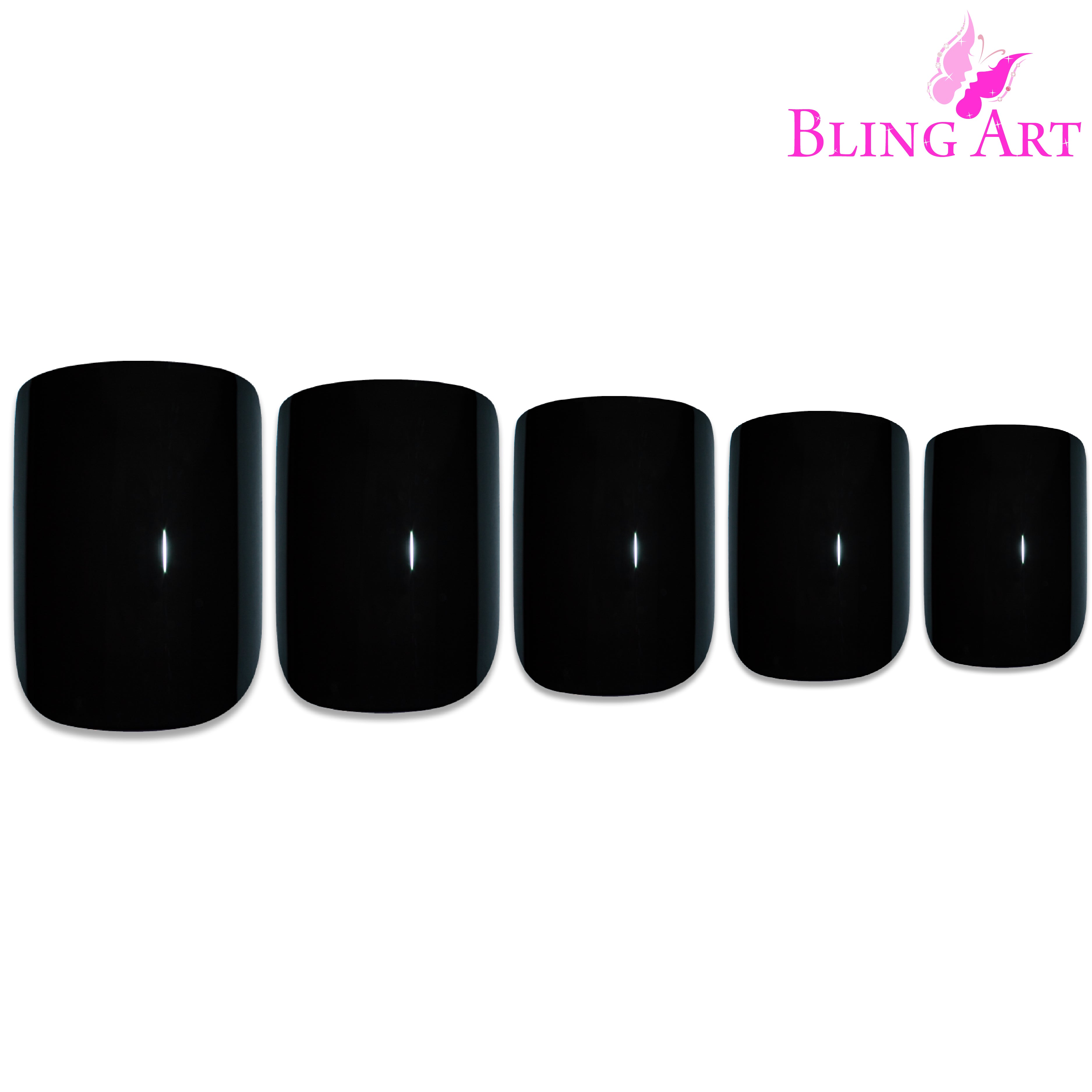 Black polished French manicure Bling Art press-on nails — full-hand reveal showing all 24 nails for evening wear and editorial styling.