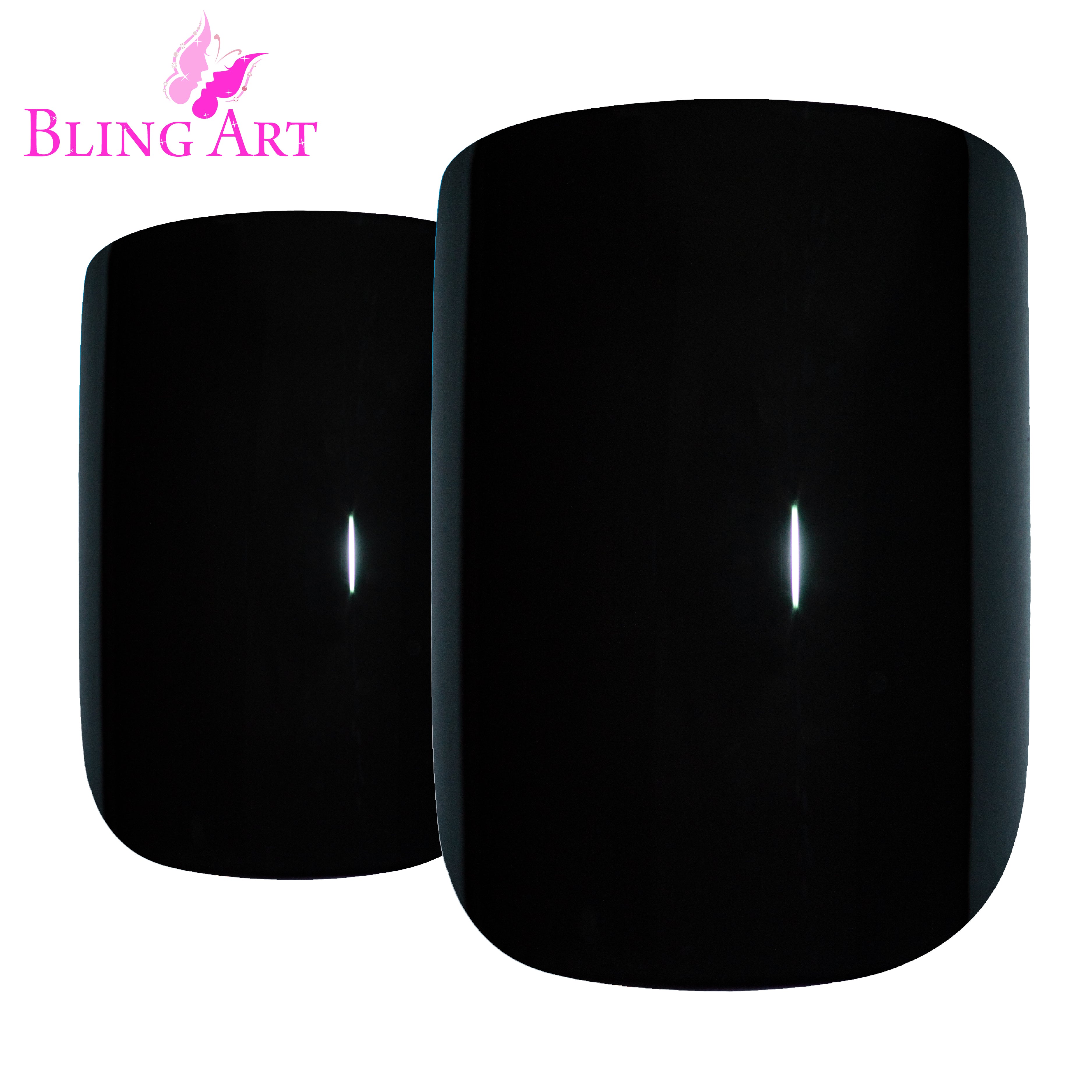 Black polished French manicure Bling Art press-on nails — worn-hand close-up showing the jet-black high-shine French tip on medium-length tips.