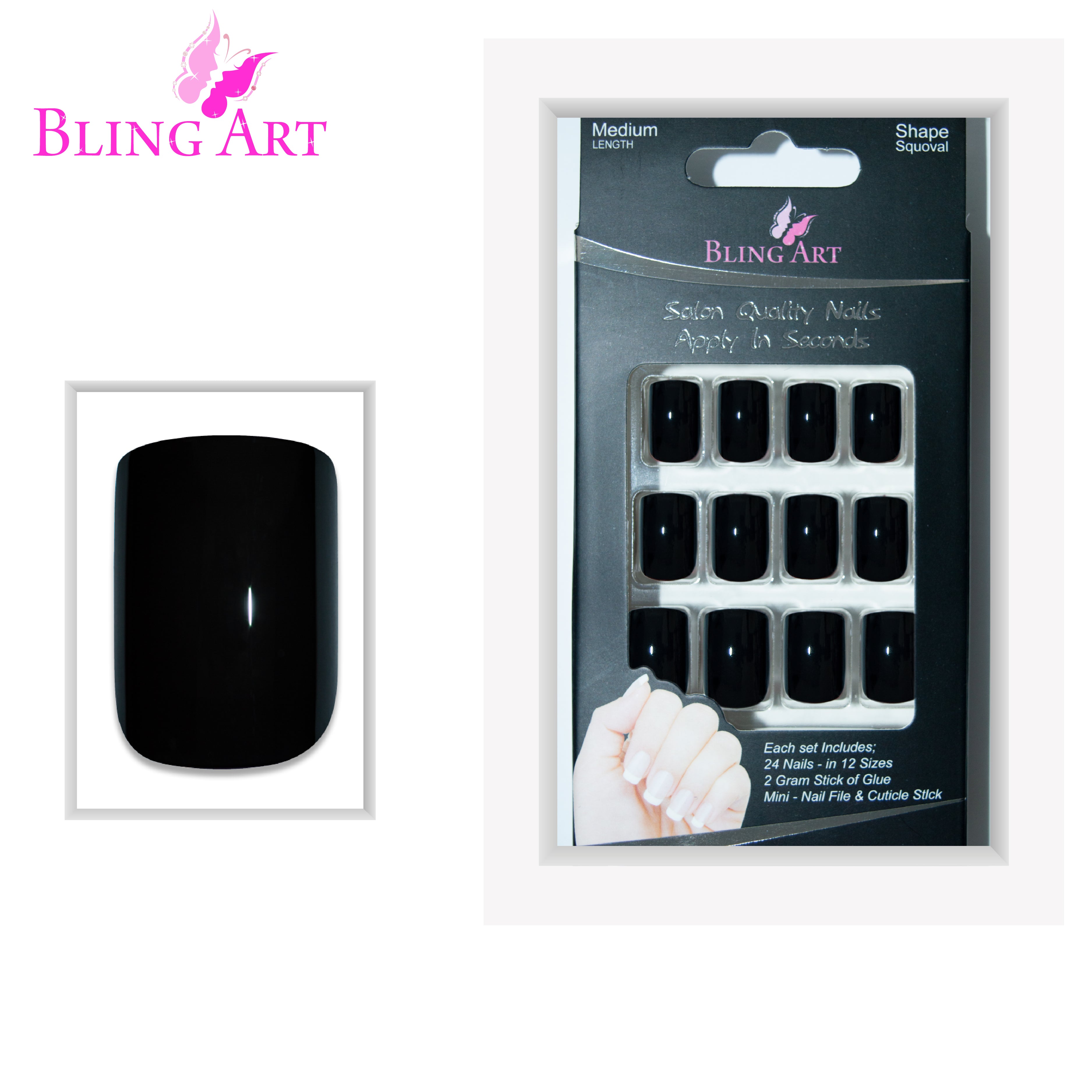 Black polished French manicure Bling Art press-on nails — alternative angle revealing the French tip definition and bond line.