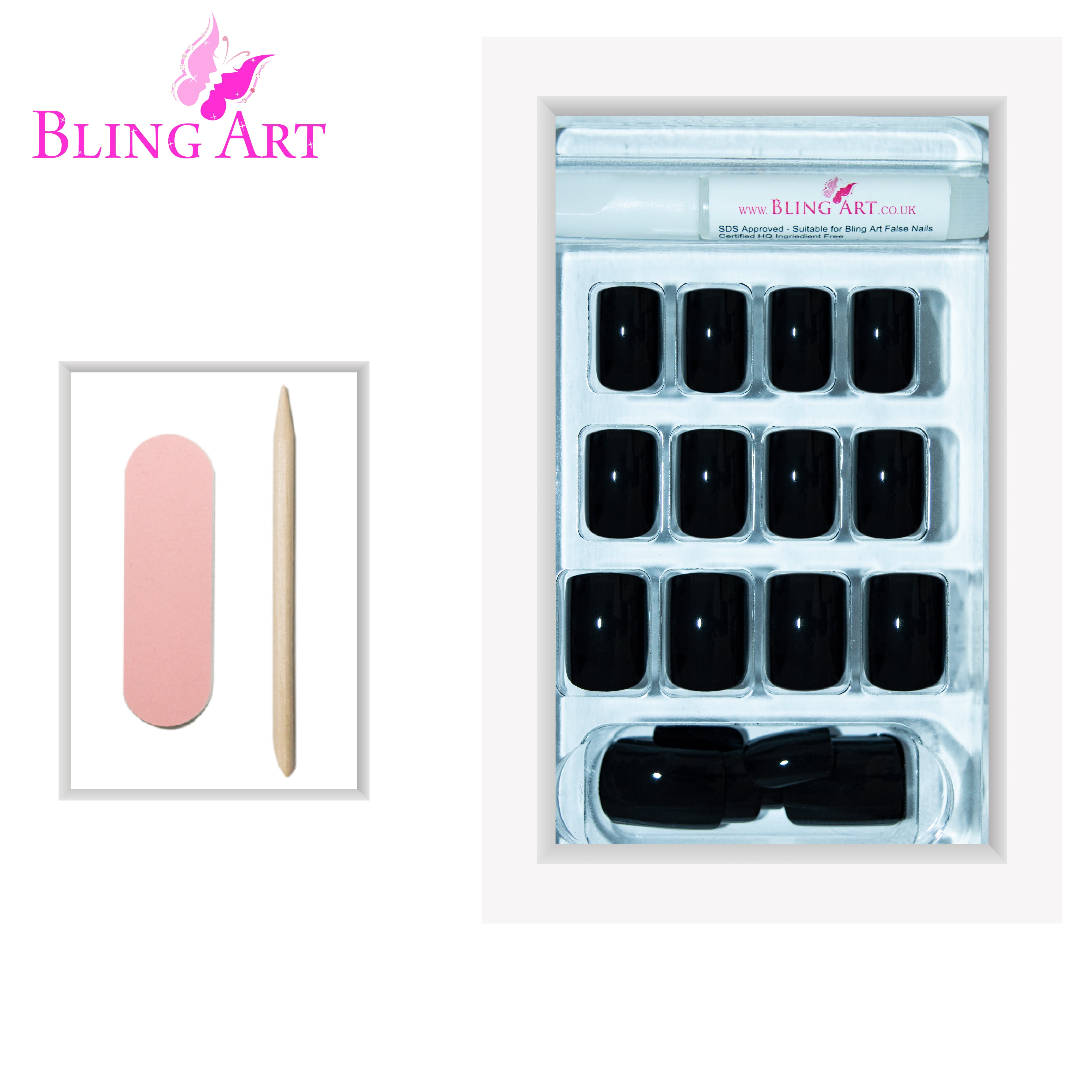 Black polished French manicure Bling Art press-on nails — lifestyle context shot showing the sleek jet-black high-shine French.