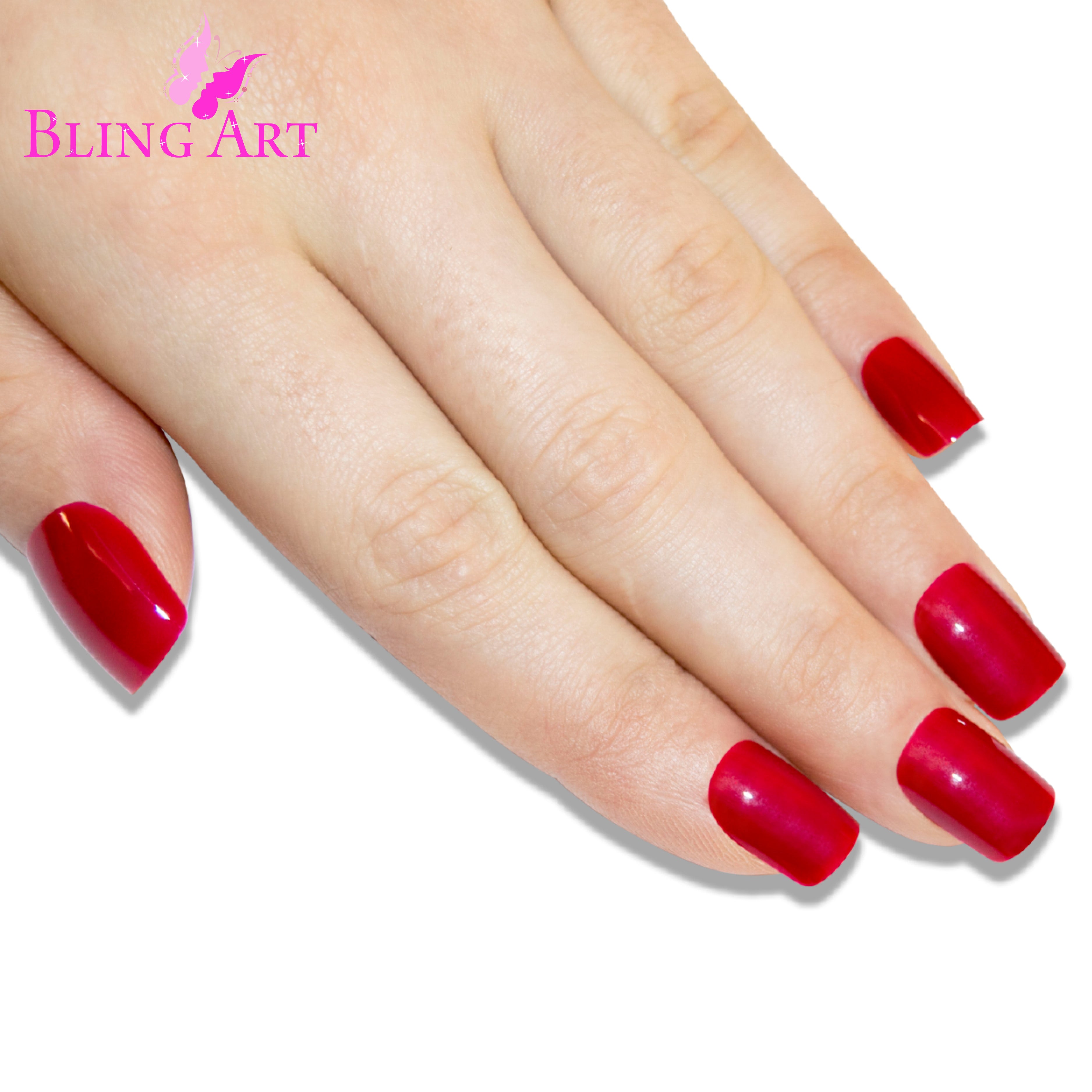 Red polished French manicure Bling Art press-on nails — full-hand reveal showing all 24 nails for date nights and Valentine's.