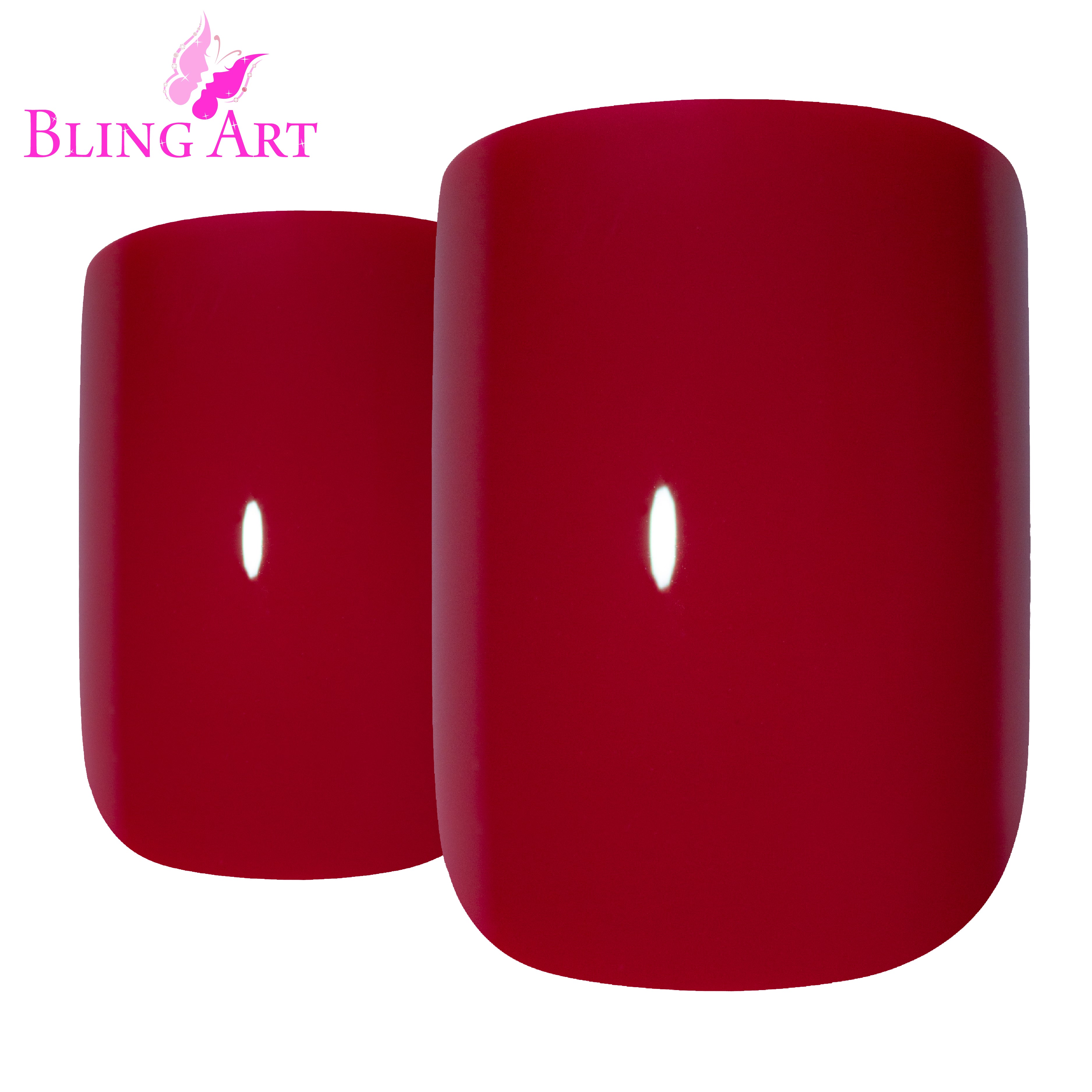 Red polished French manicure Bling Art press-on nails — worn-hand close-up showing the crimson French tip on medium-length tips.