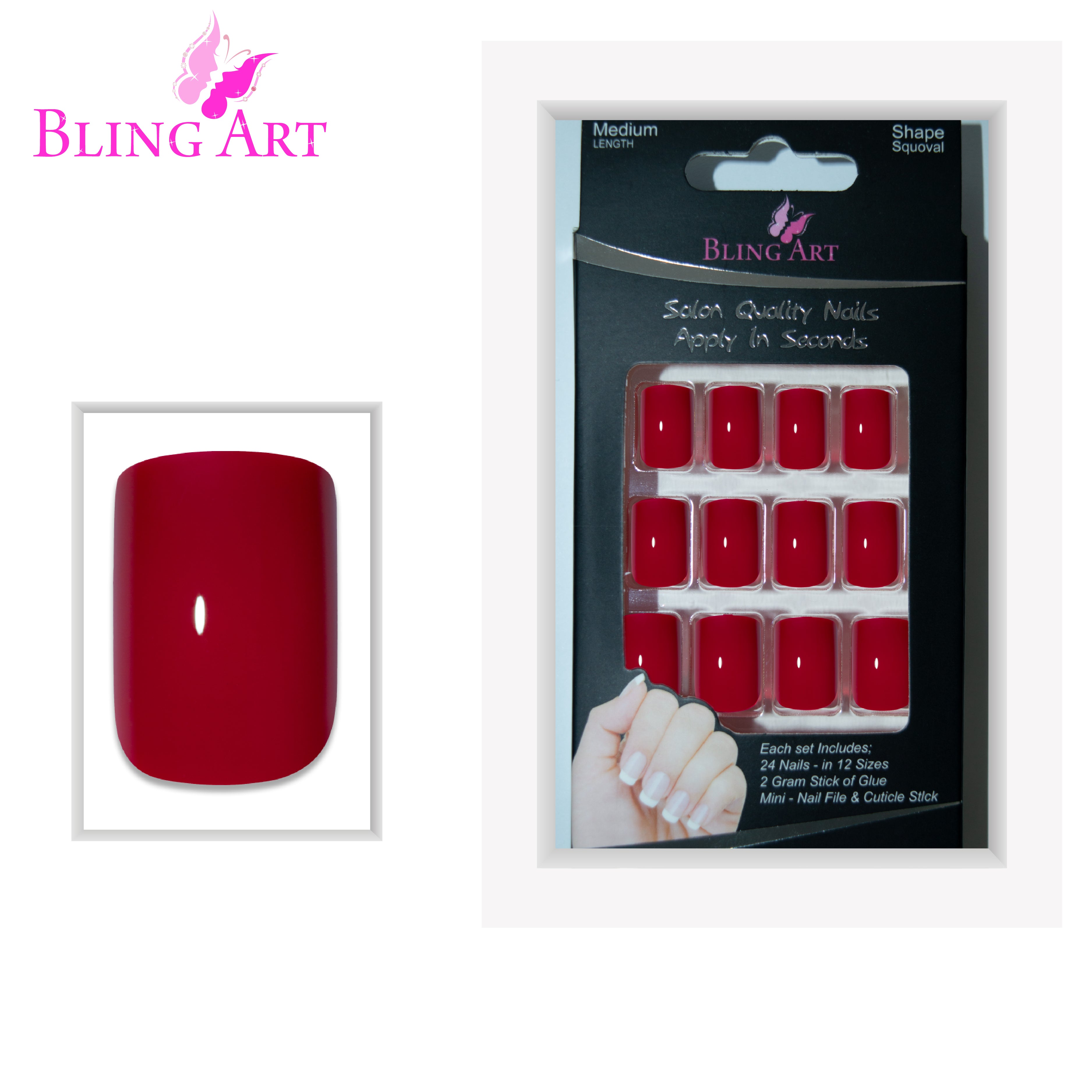 Bling Art Red polished French manicure press-on nail set packaging — 24 nails, 12 sizes XS-XXL, file and cuticle stick included. Glue not included.