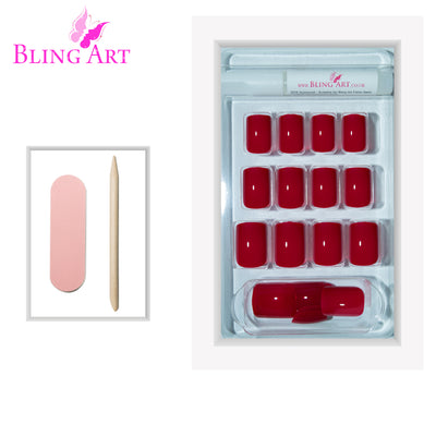 Crimson red French manicure press-on false nails by Bling Art — bold romantic twist on the classic French look for date nights and special evenings · high-shine polished finish with red French tip · medium-length tips · 24 nails per set with adhesive · designed in Yorkshire