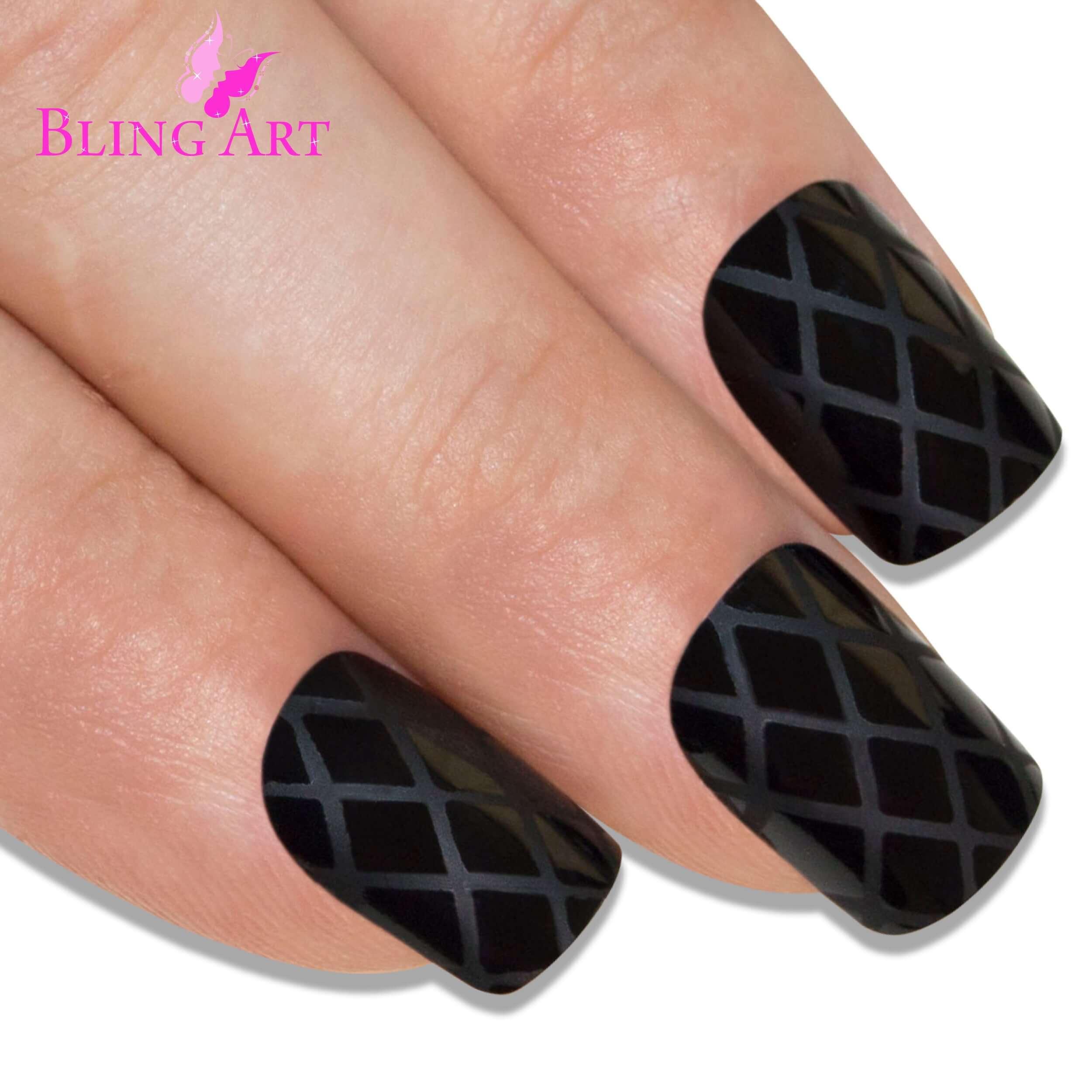 False Nails by Bling Art Black Crossover French Manicure Fake Medium Tips with Glue showcasing a chic crosshatched design.