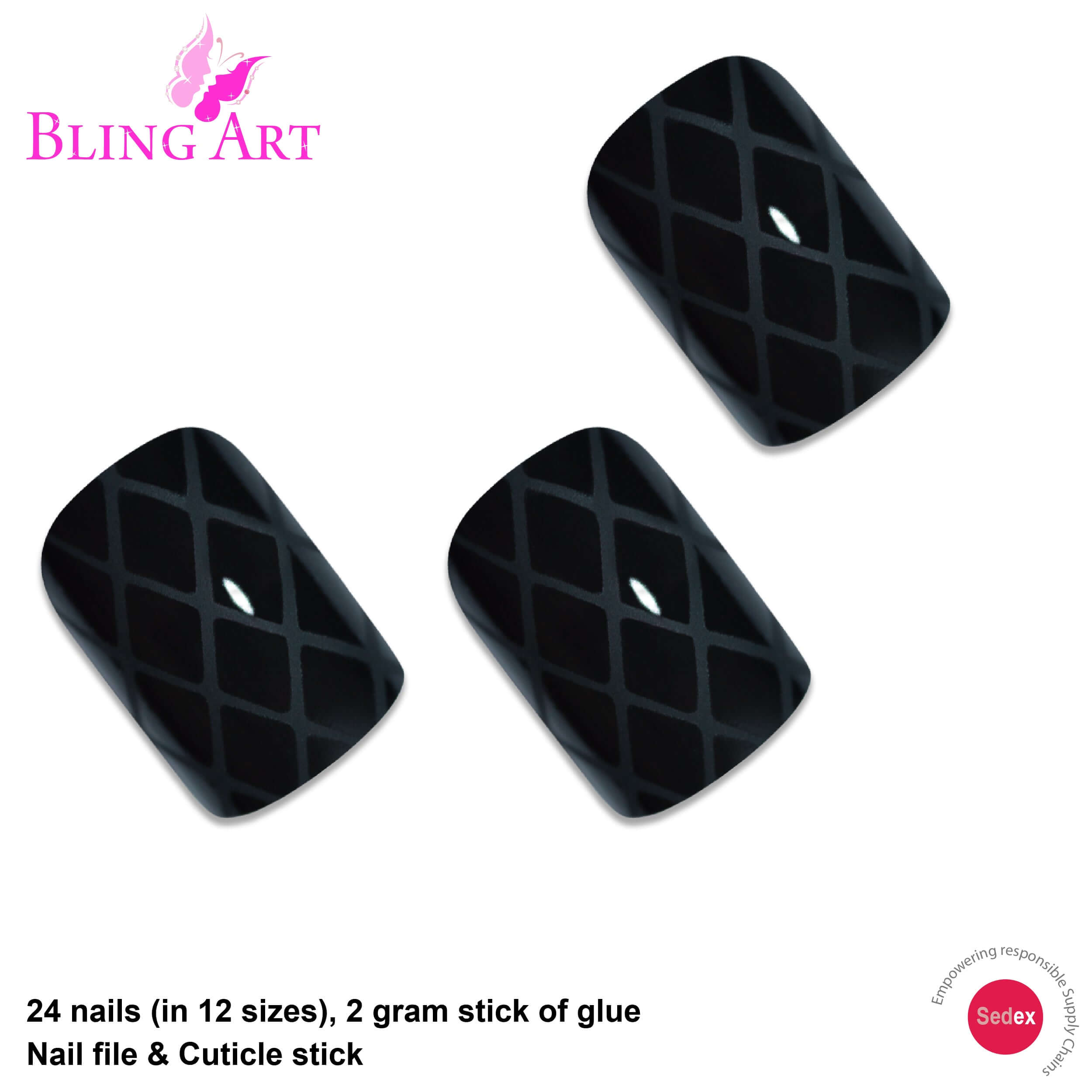 False Nails by Bling Art Black Crossover French Manicure Fake Medium Tips with Glue