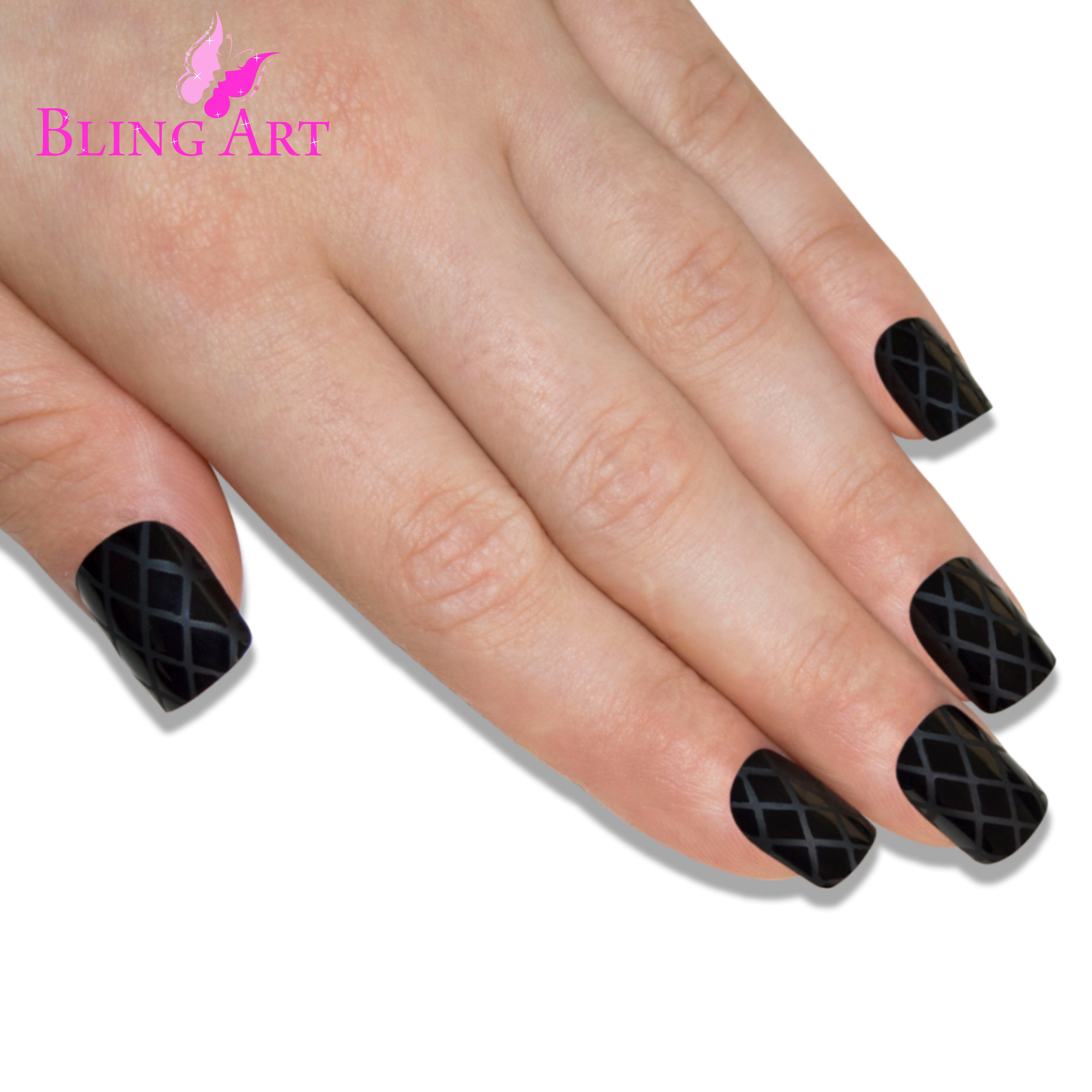 Matte black French manicure Bling Art press-on nails — lifestyle context shot showing the bold modern matte black French.
