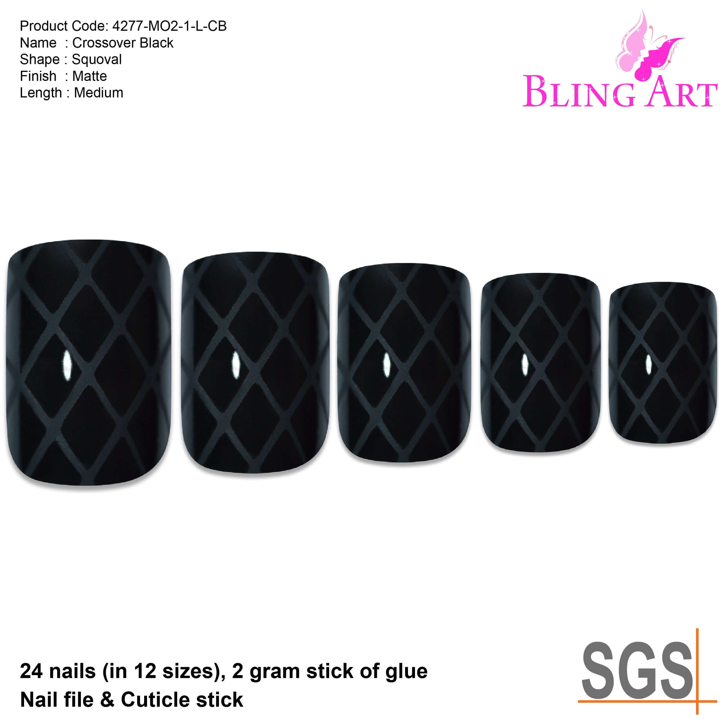 False Nails by Bling Art Black Crossover French Manicure Fake Medium Tips with Glue