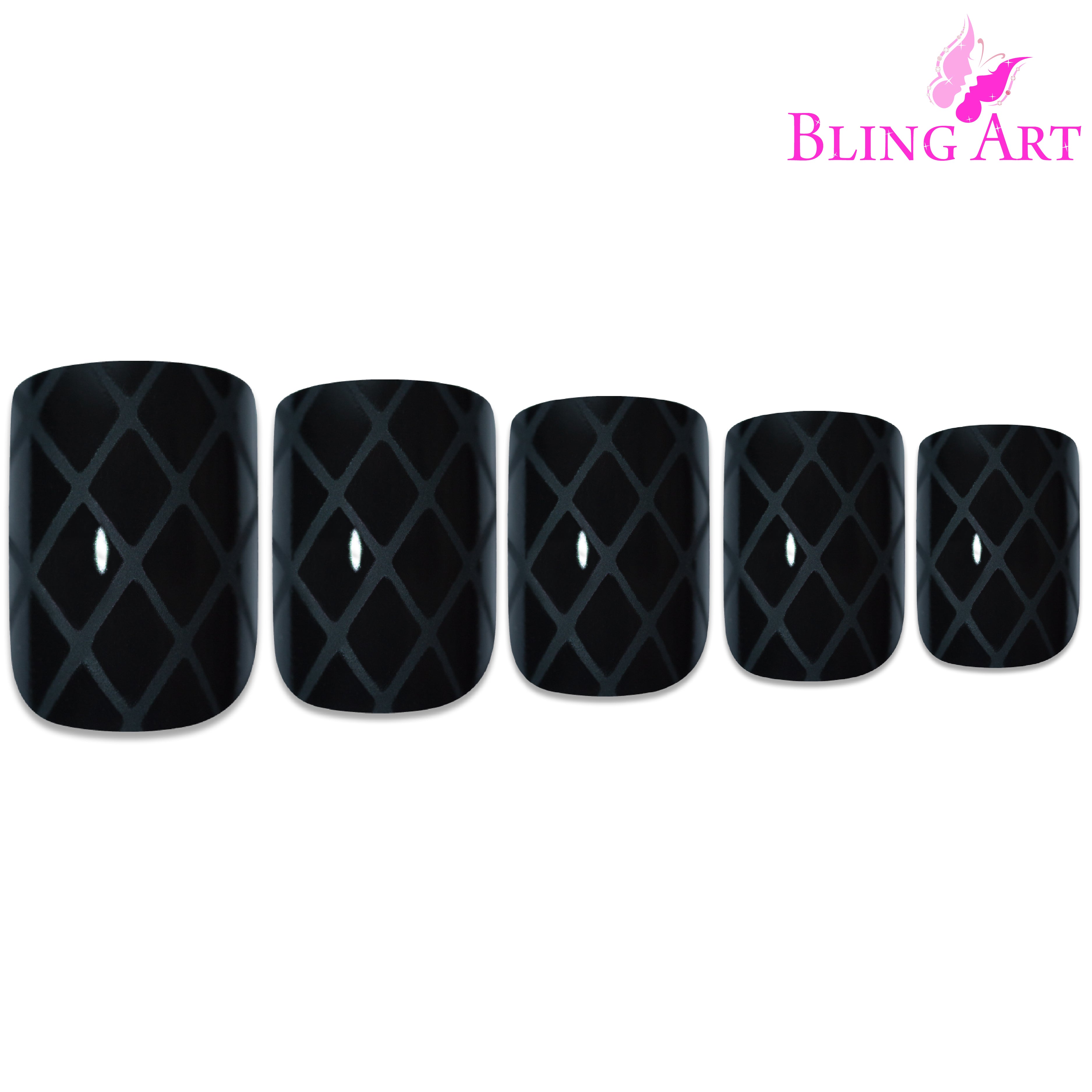 Bling Art matte black French manicure press-on nail set packaging — 24 nails, 12 sizes XS-XXL, file and cuticle stick included. Glue not included.