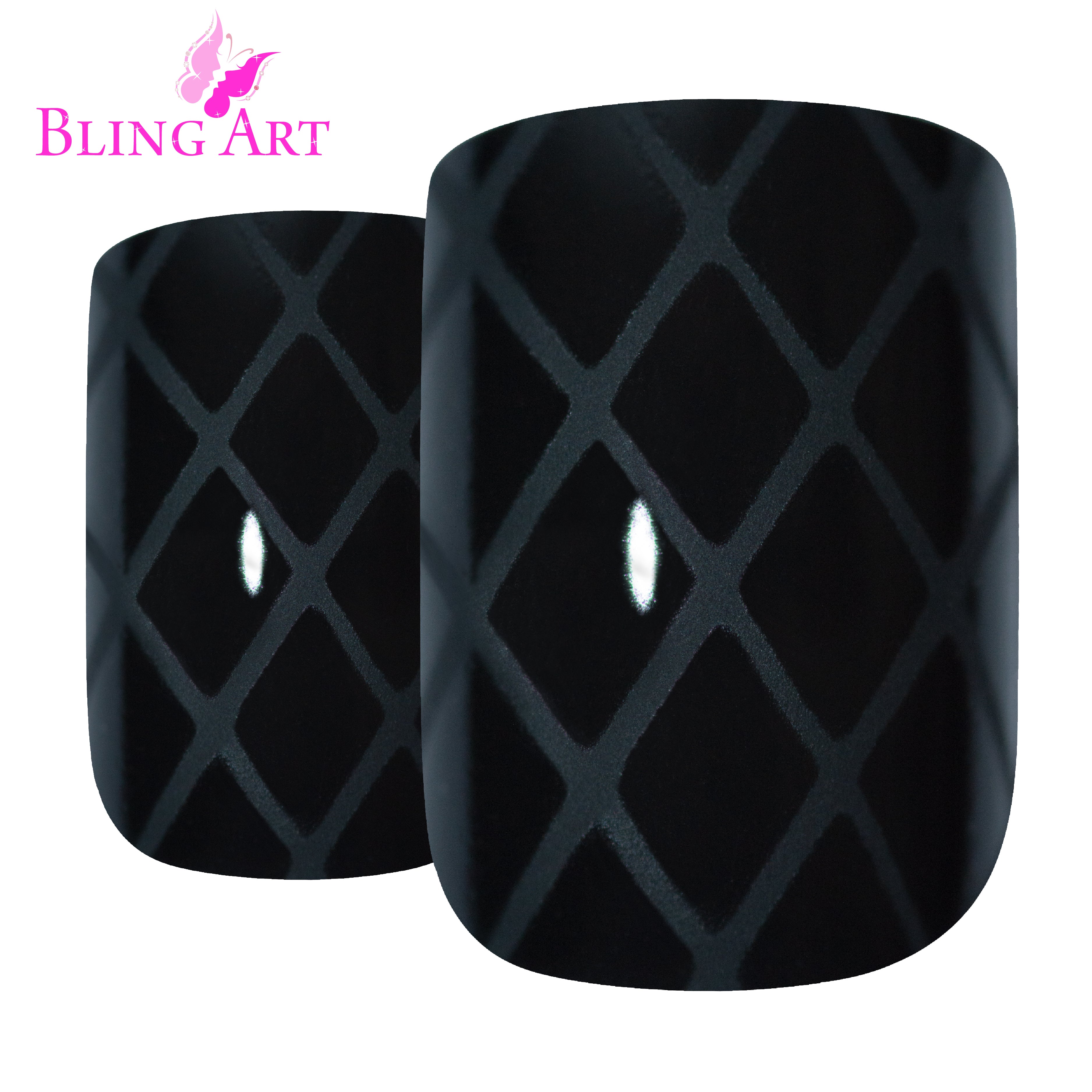 Matte black French manicure Bling Art press-on nails — alternative angle revealing the matte French tip definition.