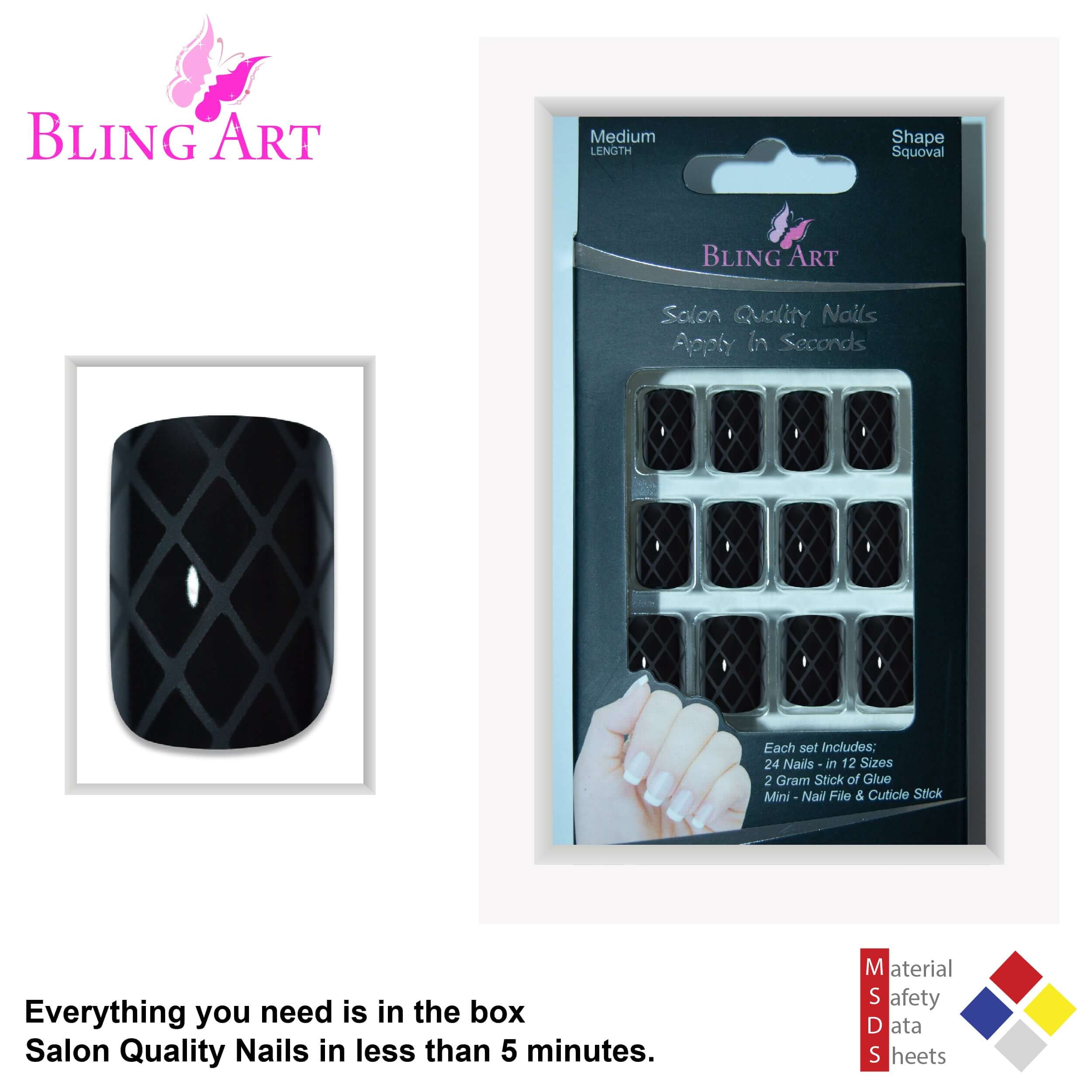 False Nails by Bling Art Black Crossover French Manicure Fake Medium Tips with Glue