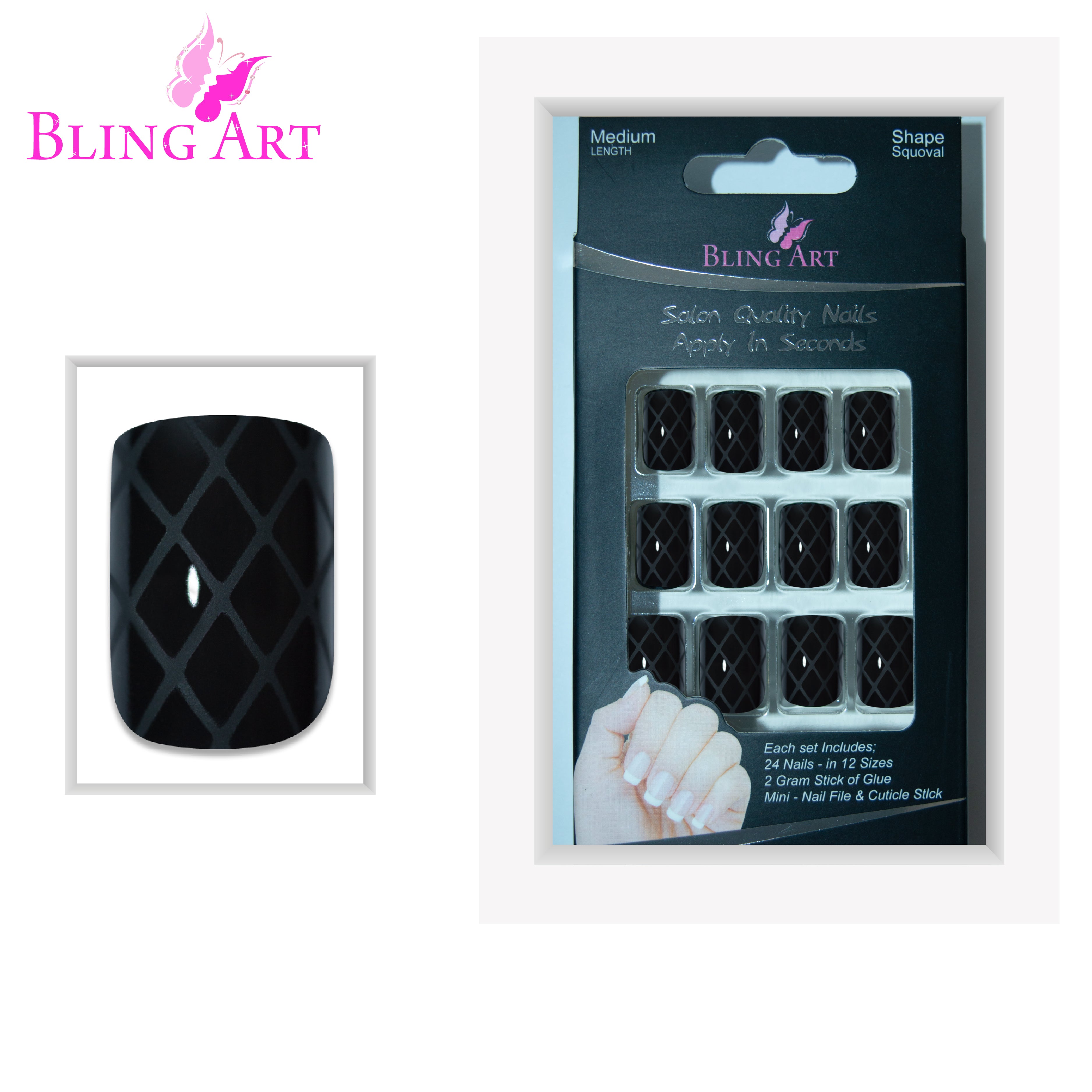 Matte black French manicure Bling Art press-on nails — additional product view showing the black matte tip silhouette.